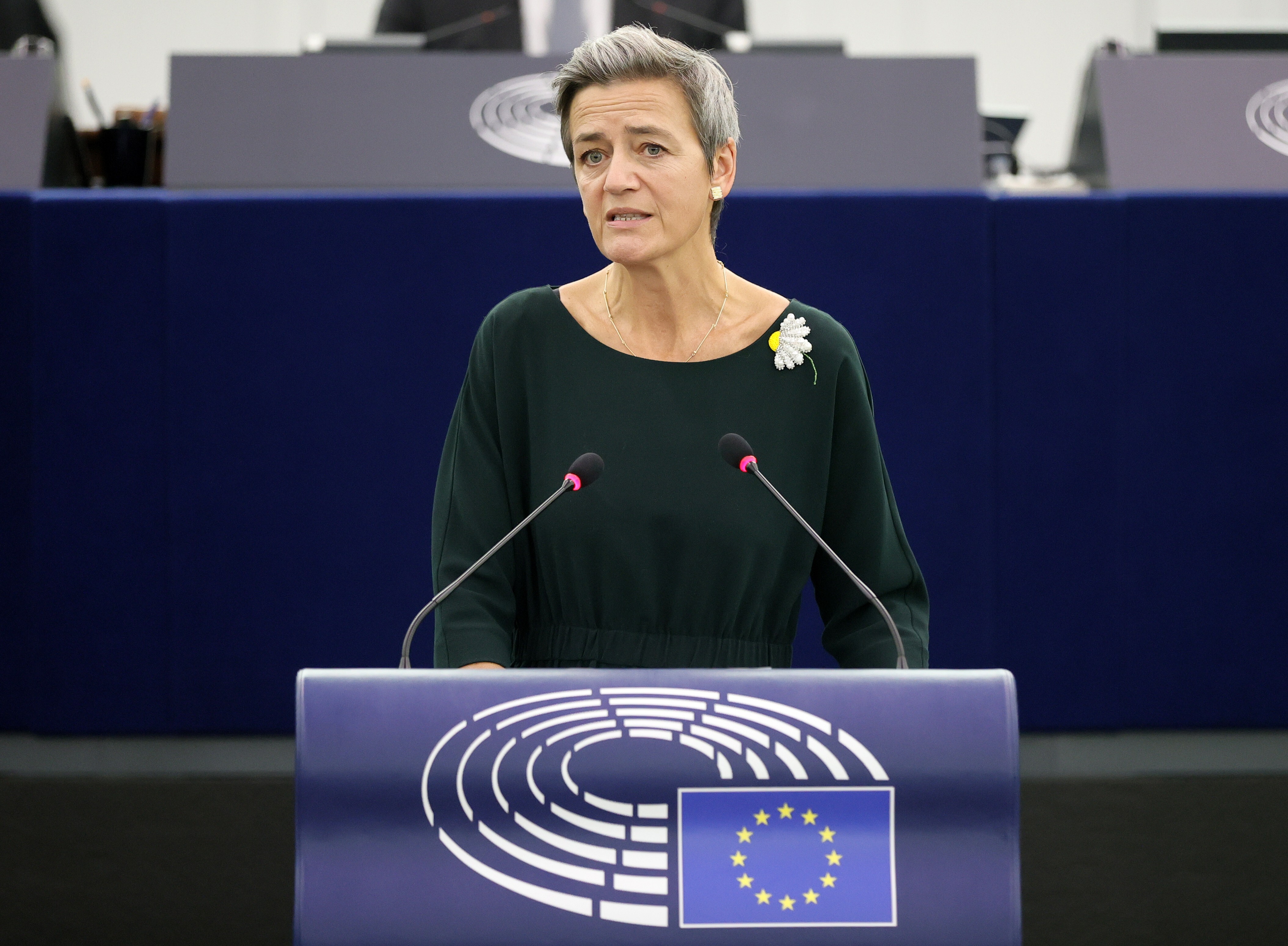 European Commission’s Executive Vice-President Margrethe Vestager delivers a speech during a debate on EU-Taiwan political relations and cooperation at the European Parliament in Strasbourg, France on Tuesday. Photo: EPA-EFE