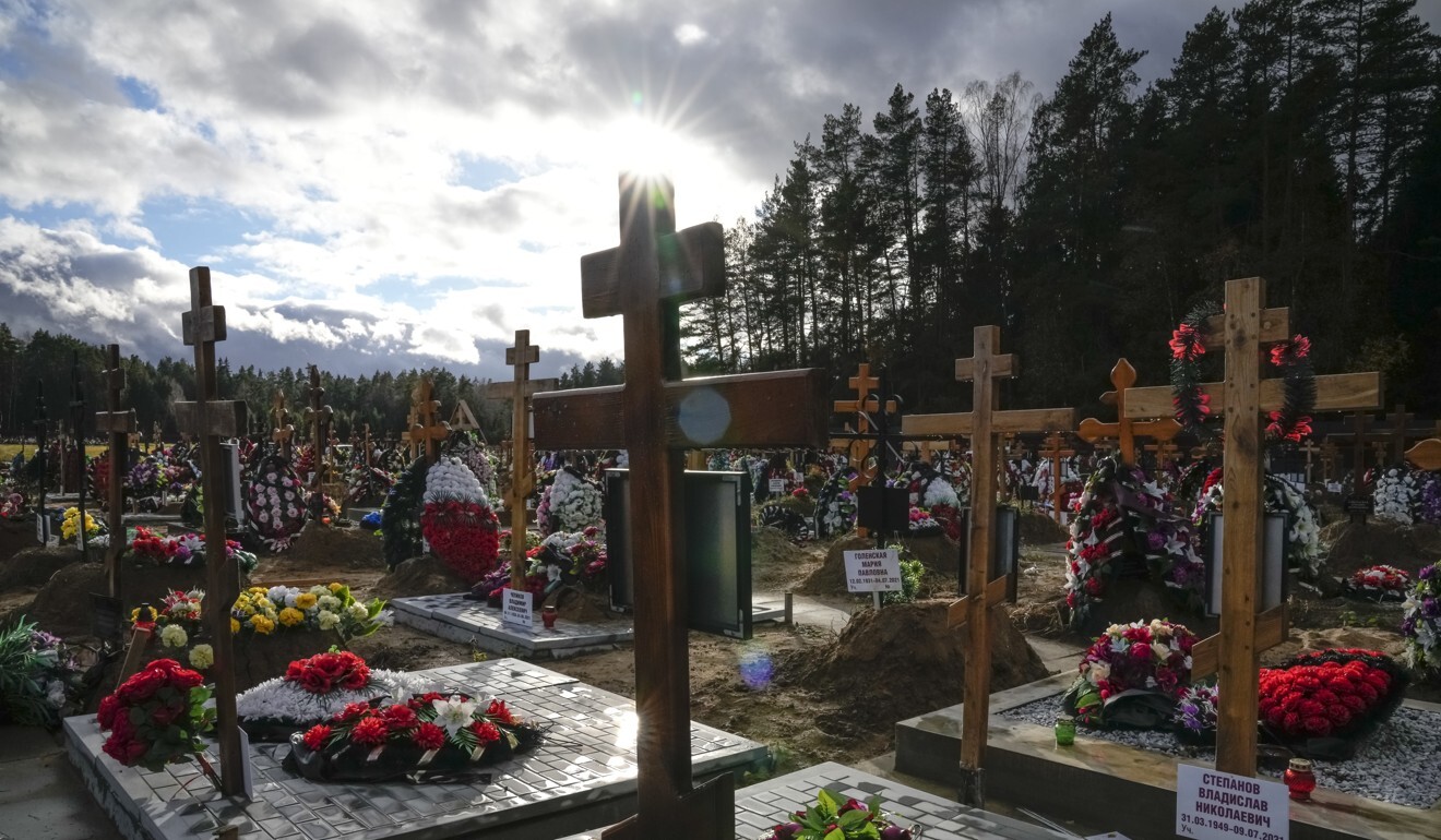 Yastrebkovskoe cemetery outside Moscow, which serves as one of the burial grounds for Russia’s Covid-19 victims. Photo: AP