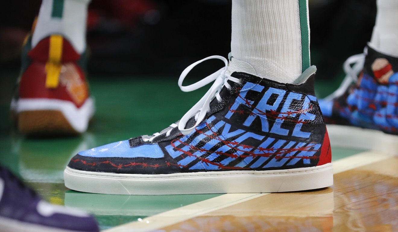 Boston Celtics’ Enes Kanter’s ‘Free Uyghur’ shoes. Photo: AP