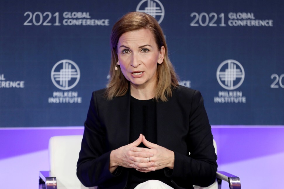 Jelena McWilliams, chairman of the Federal Deposit Insurance Corporation, speaks at the 2021 Milken Institute Global Conference in Beverly Hills, California, on October 18. Photo: Reuters