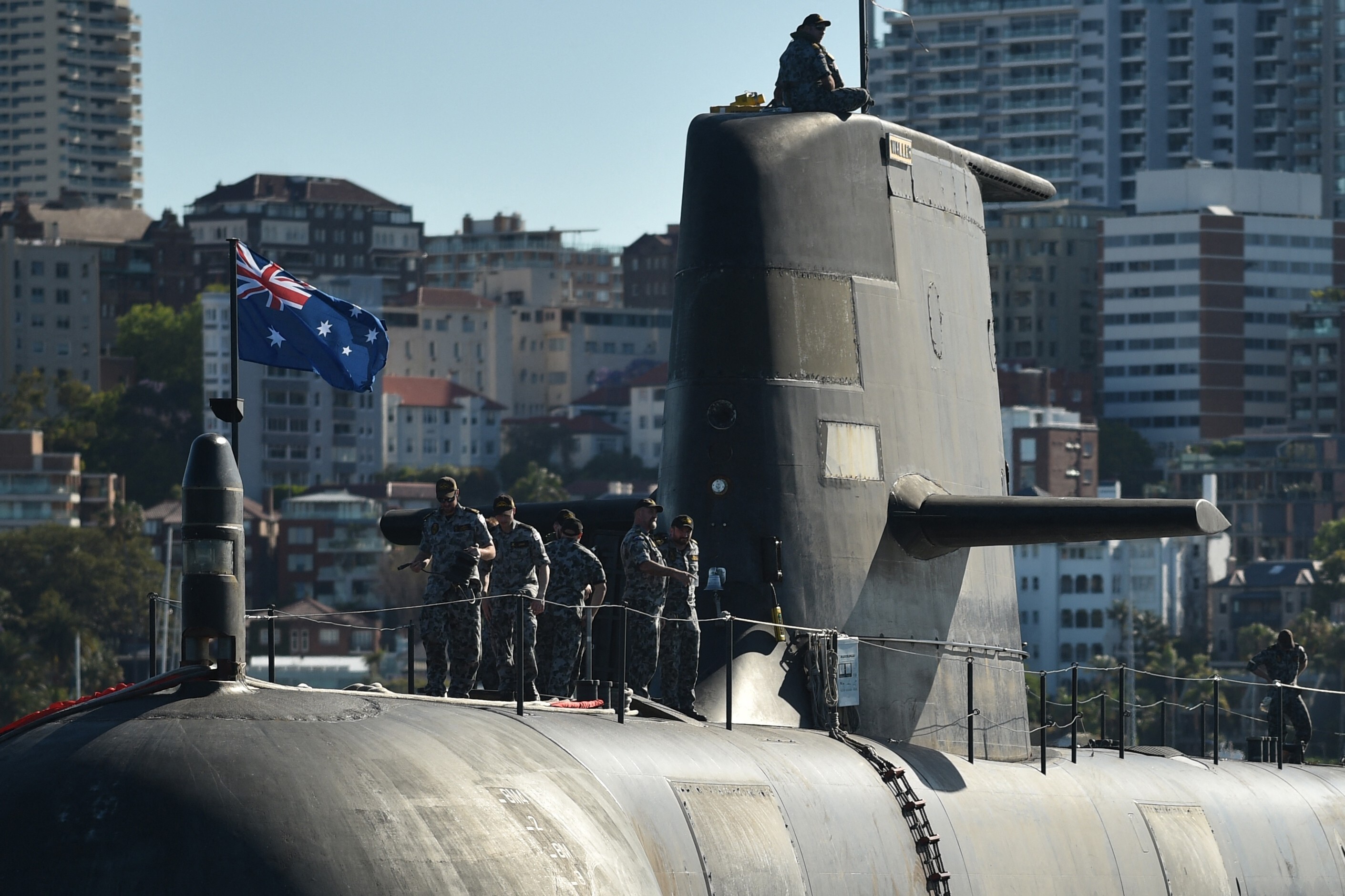 The Royal Australian Navy's HMAS Waller, a Collins-class diesel-electric submarine, in Sydney Harbour. Photo: AFP