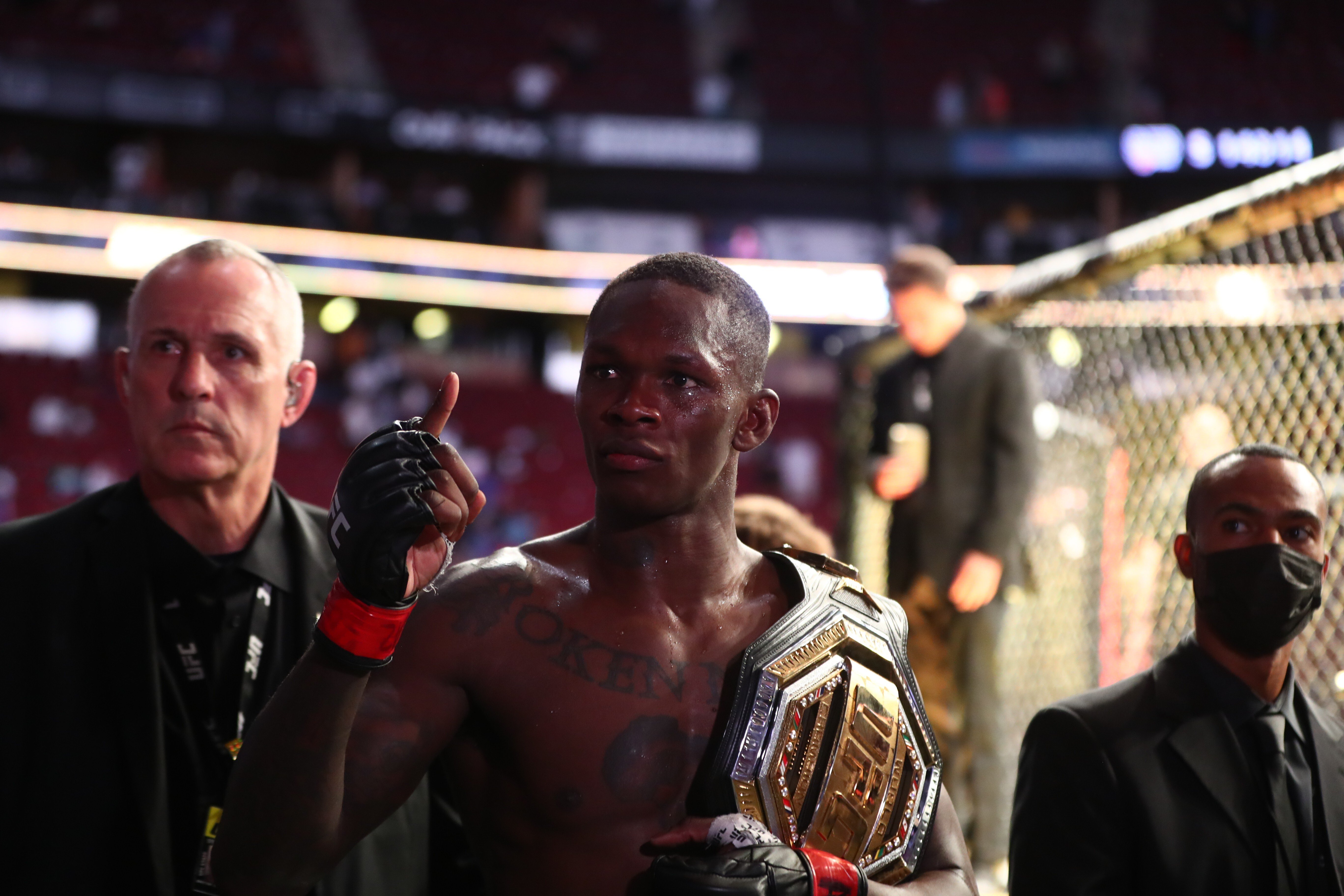 Israel Adesanya celebrates as he leaves the Octagon after beating Marvin Vettori at UFC 263. Photo: USA Today