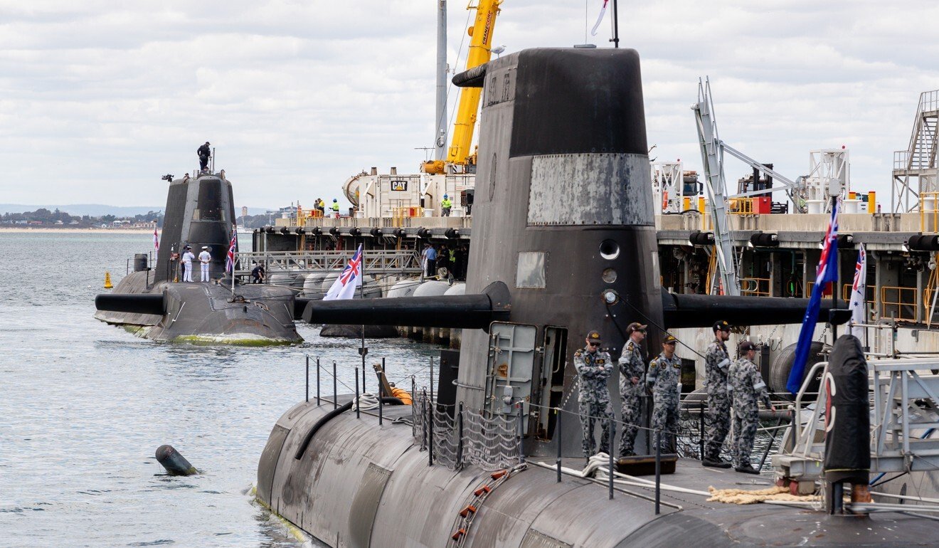 Australian and British submarines in Perth, Western Australia. The Biden government’s resolve against Beijing’s challenges was underlined by the surprise announcement of the Aukus pact that will involve the sharing of nuclear submarine technology. Photo: EPA