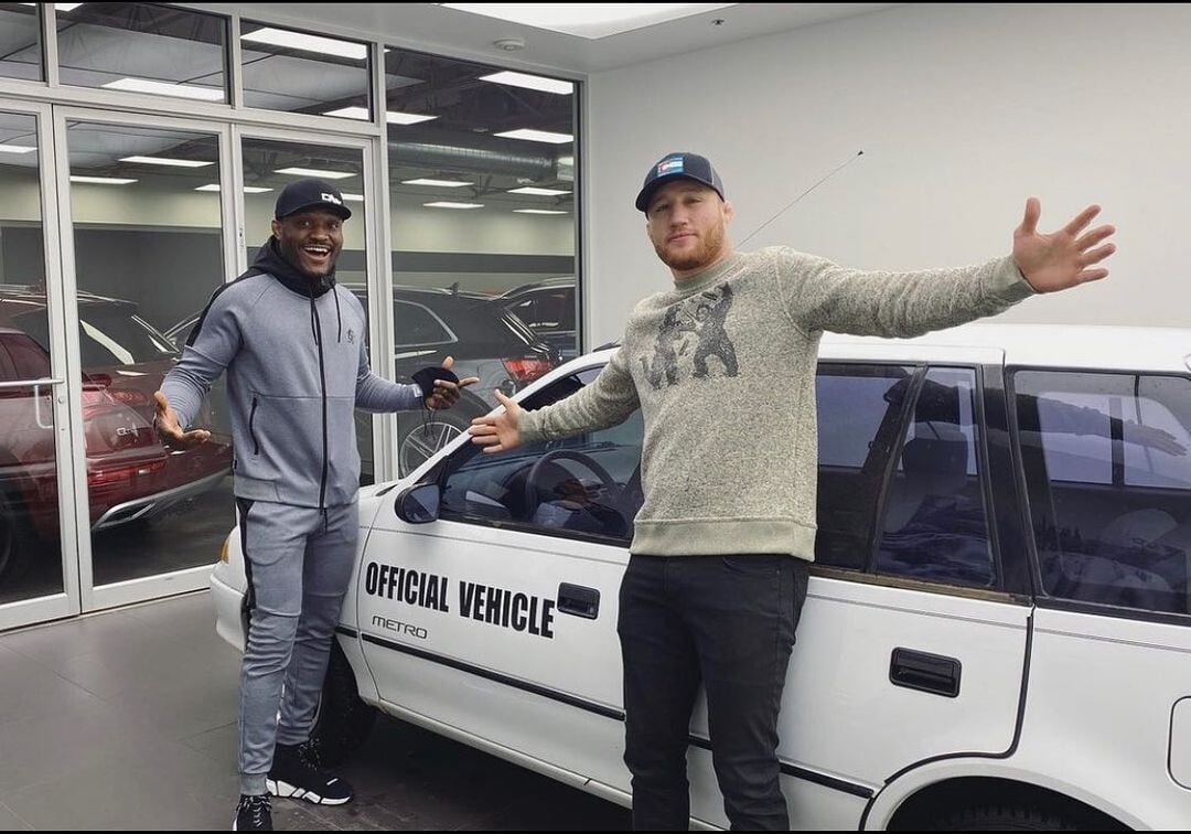 Kamaru Usman and Justin Gaethje in Denver, Colorado.