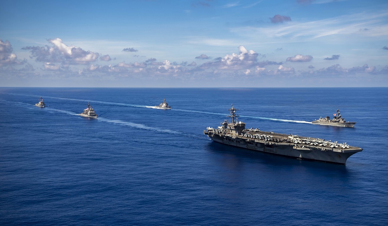 An American aircraft carrier carries out joint exercises with Japanese vessels in the Pacific Ocean. Photo: AP