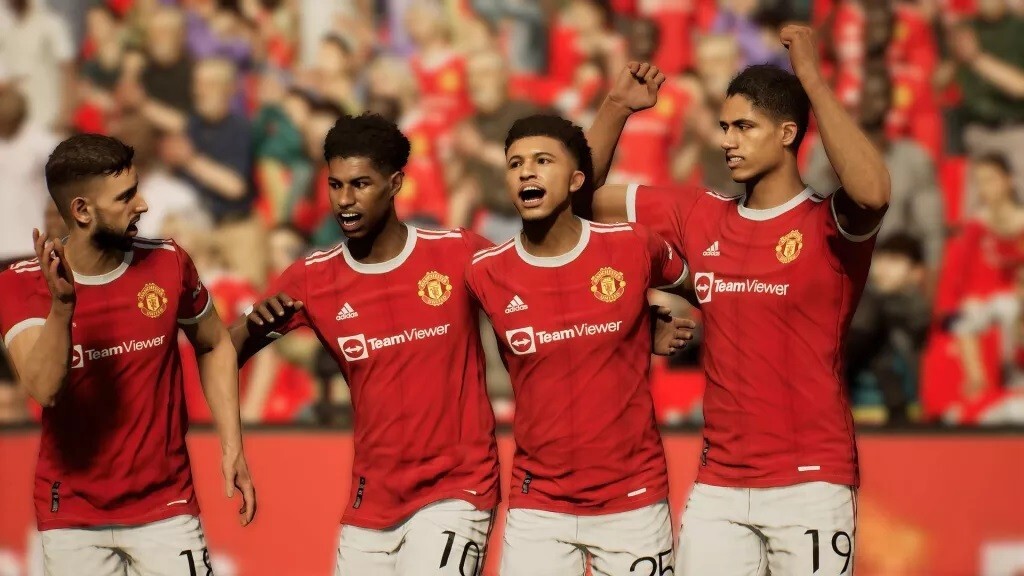 Manchester United players Bruno Fernandes, Marcus Rashford, Jadon Sancho and Raphael Varane pictured in the Konami video game eFootball 2022. Image: Konami