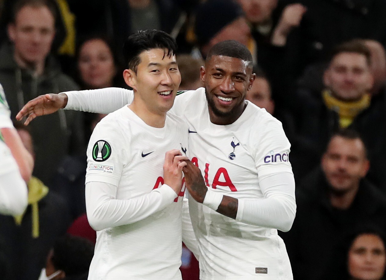 Tottenham Hotspur's Son Heung-min celebrates with Emerson Royal after scoring the first goal under Antonio Conte. Photo: Reuters