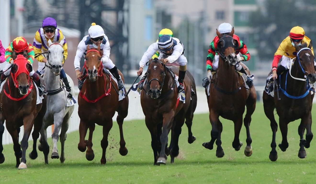 Columbus County (right) finishes close behind Panfield (centre) in a bunched finish in last month’s Sha Tin Trophy.