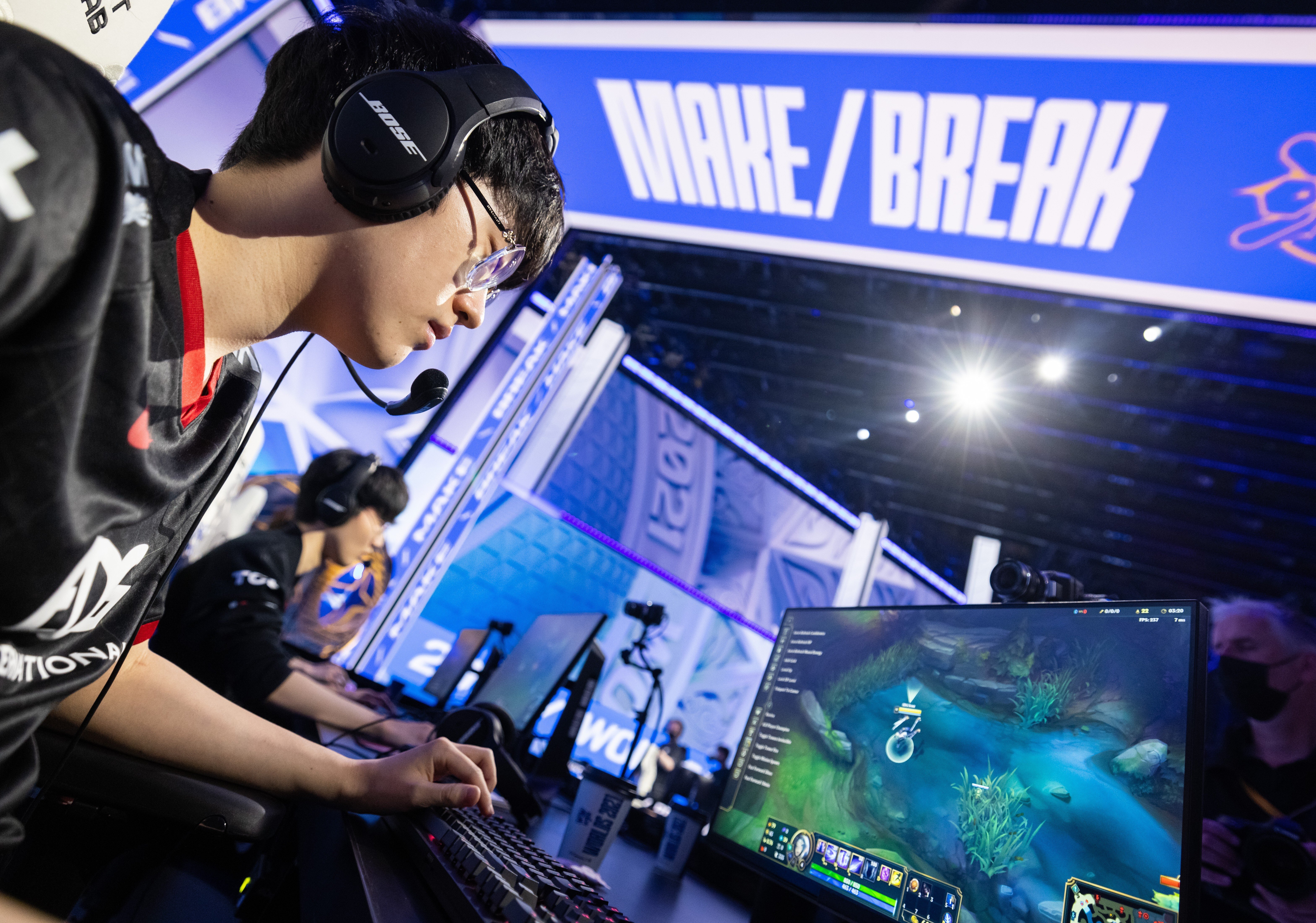 Edward Gaming's Lee “Scout” Ye-chan is shown preparing to make his move as the Chinese esports team’s mid lane player at the League of Legends World Championship finals on November 6, 2021, held in Reykjavik, capital of Iceland. Photo: Riot Games via Getty Images
