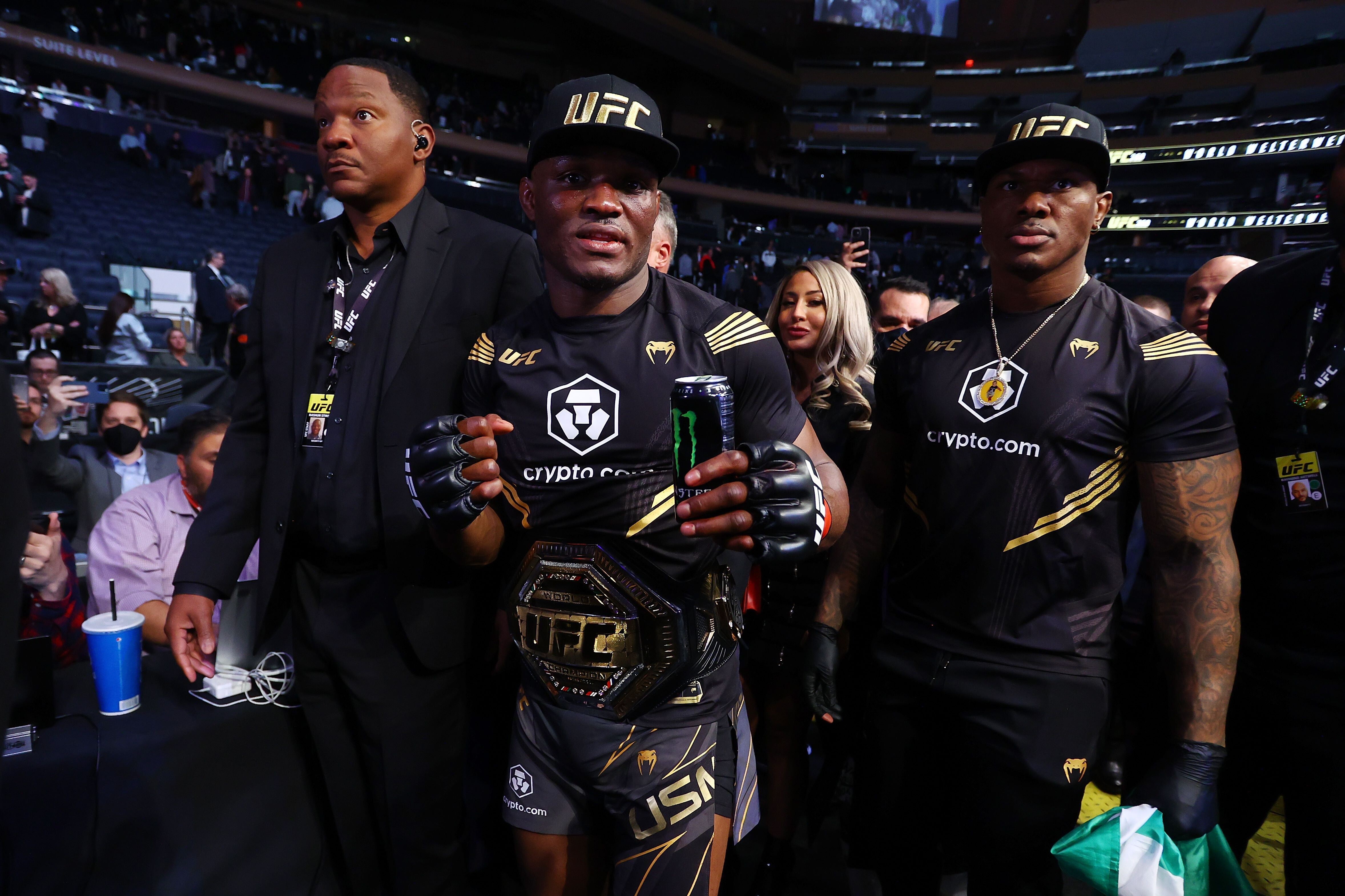 Kamaru Usman celebrates after his decision victory over Colby Covington at UFC 268. Photo: AFP