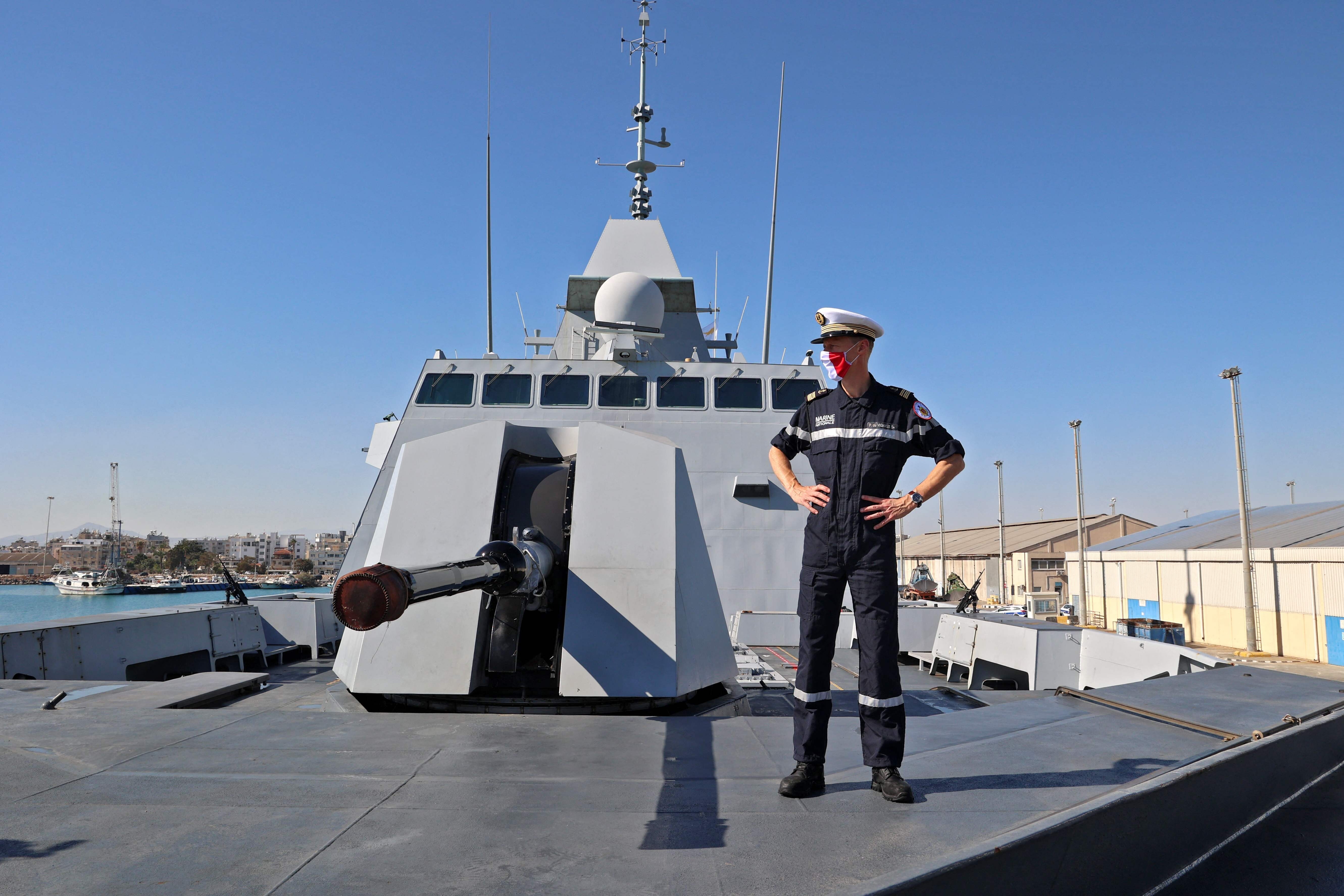 Captain Paul Merveilleux du Vignaux stands aboard the Auvergne in Larnaca, Cyrprus. Photo: AFP ﻿