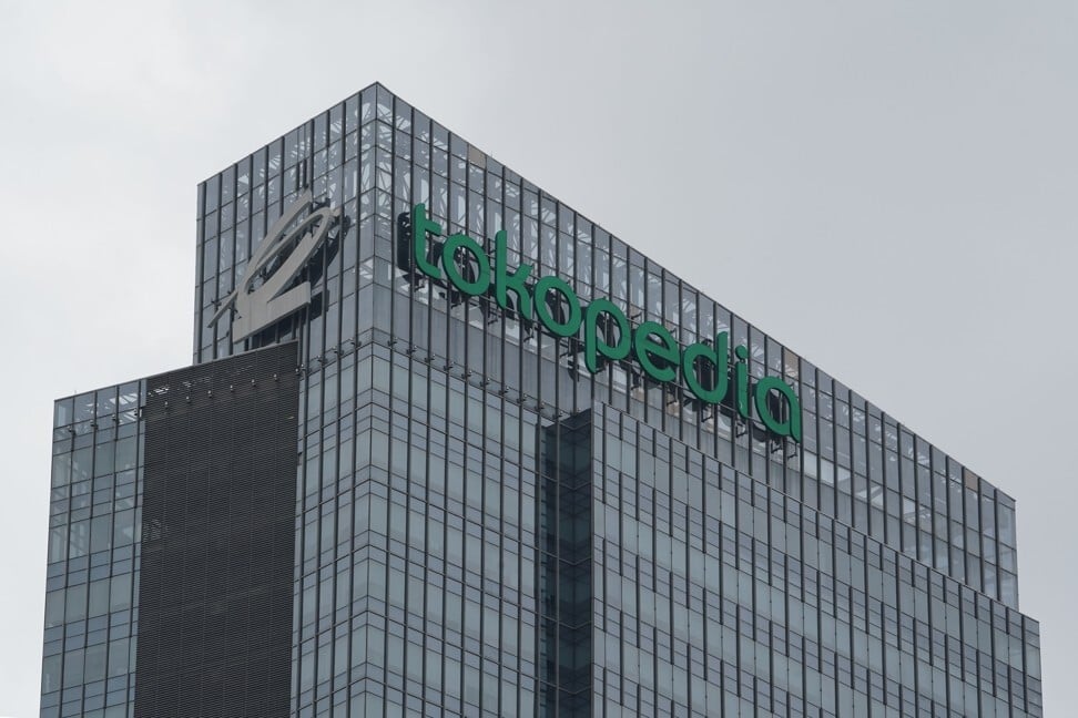 The Tokopedia logo atop the company’s building in Jakarta. Photo: Bloomberg