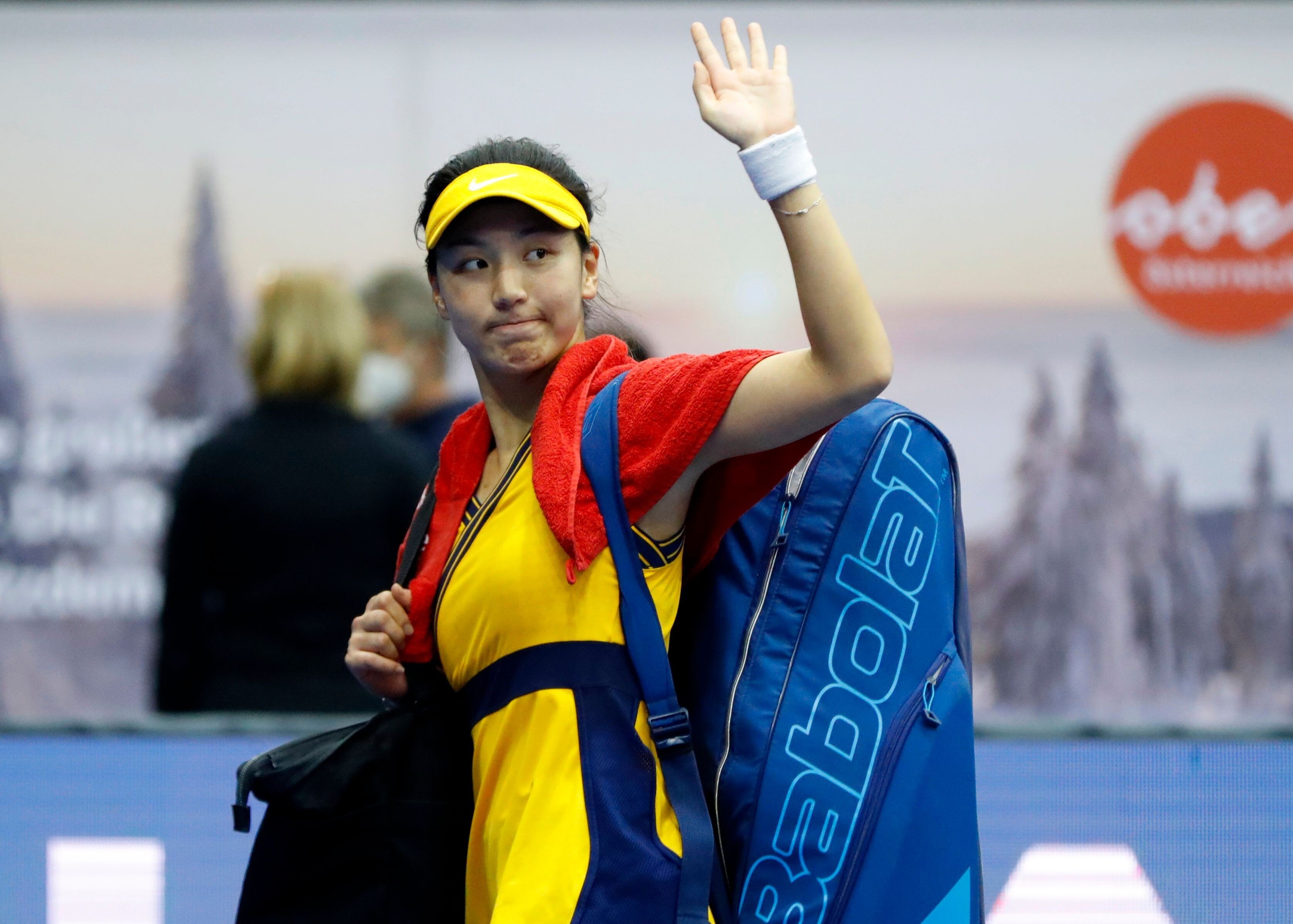 China's Wang Xinyu celebrates after winning her round of 16 match against Britain's Emma Raducanu at the WTA Upper Austria Ladies Linz tournament. Photo: Reuters