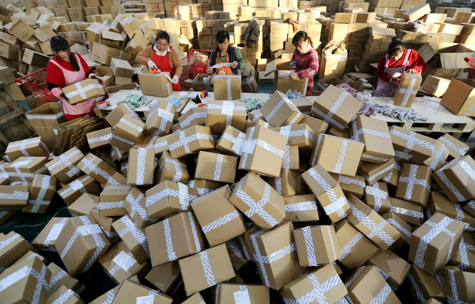 Packages awaiting delivery at a sorting centre in the Jiangsu provincial city of Lianyungang, during the Singles‘ Day online shopping festival on November 11, 2016. Photo: AFP