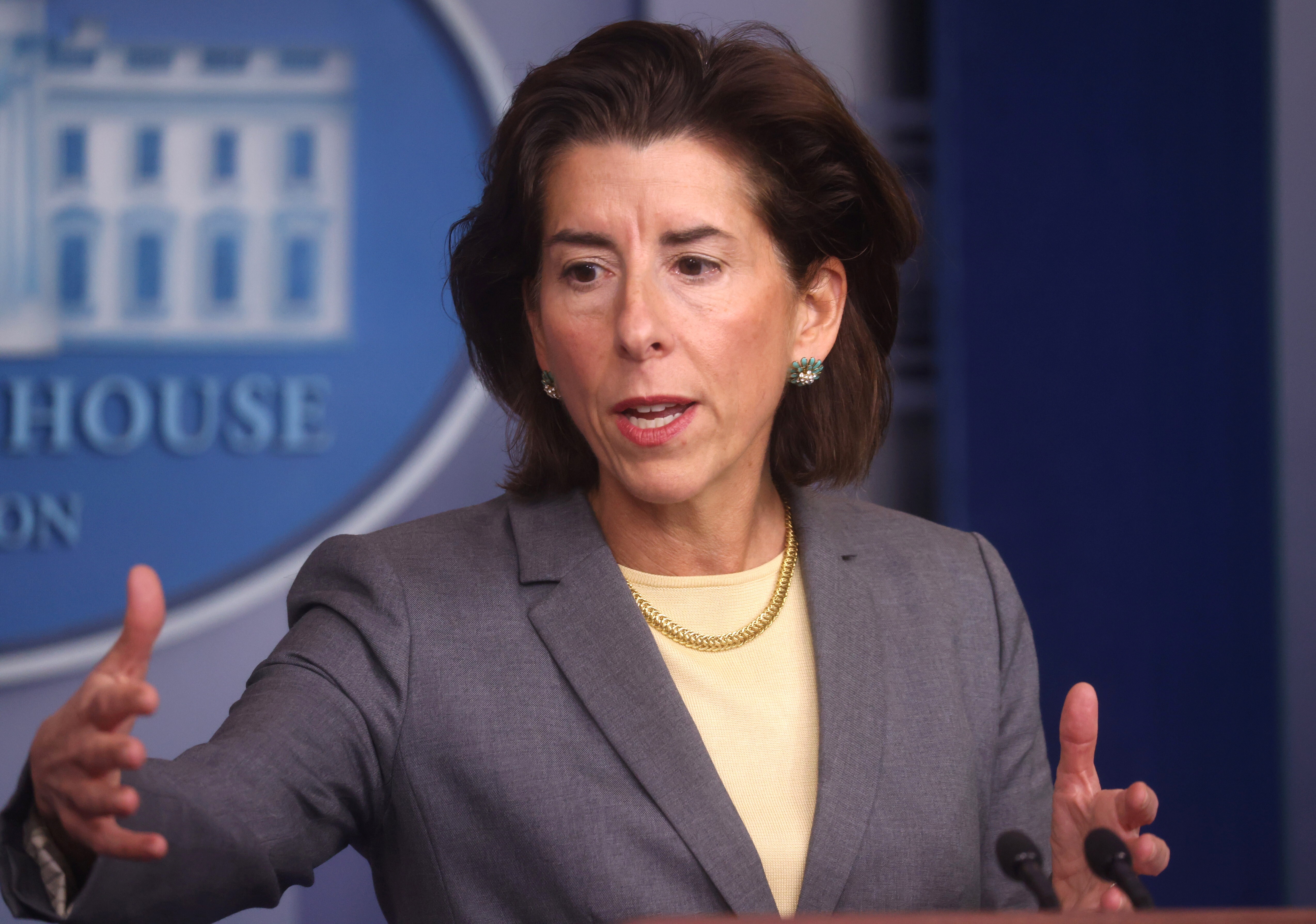 US Secretary of Commerce Gina Raimondo speaks during a press briefing at the White House on Tuesday. Photo: Reuters