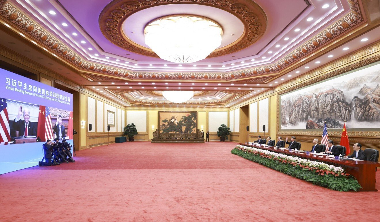 The Chinese officials, in Beijing, during the talks held by video link. Photo: Xinhua