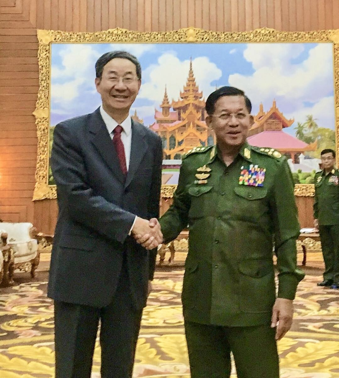 Chinese envoy Sun Guoxiang (left) meets Senior General Min Aung Hlaing during a previous visit to Myanmar in 2018. This week’s trip is China’s latest bid to help ease the crisis in the neighbouring country. Photo: Handout