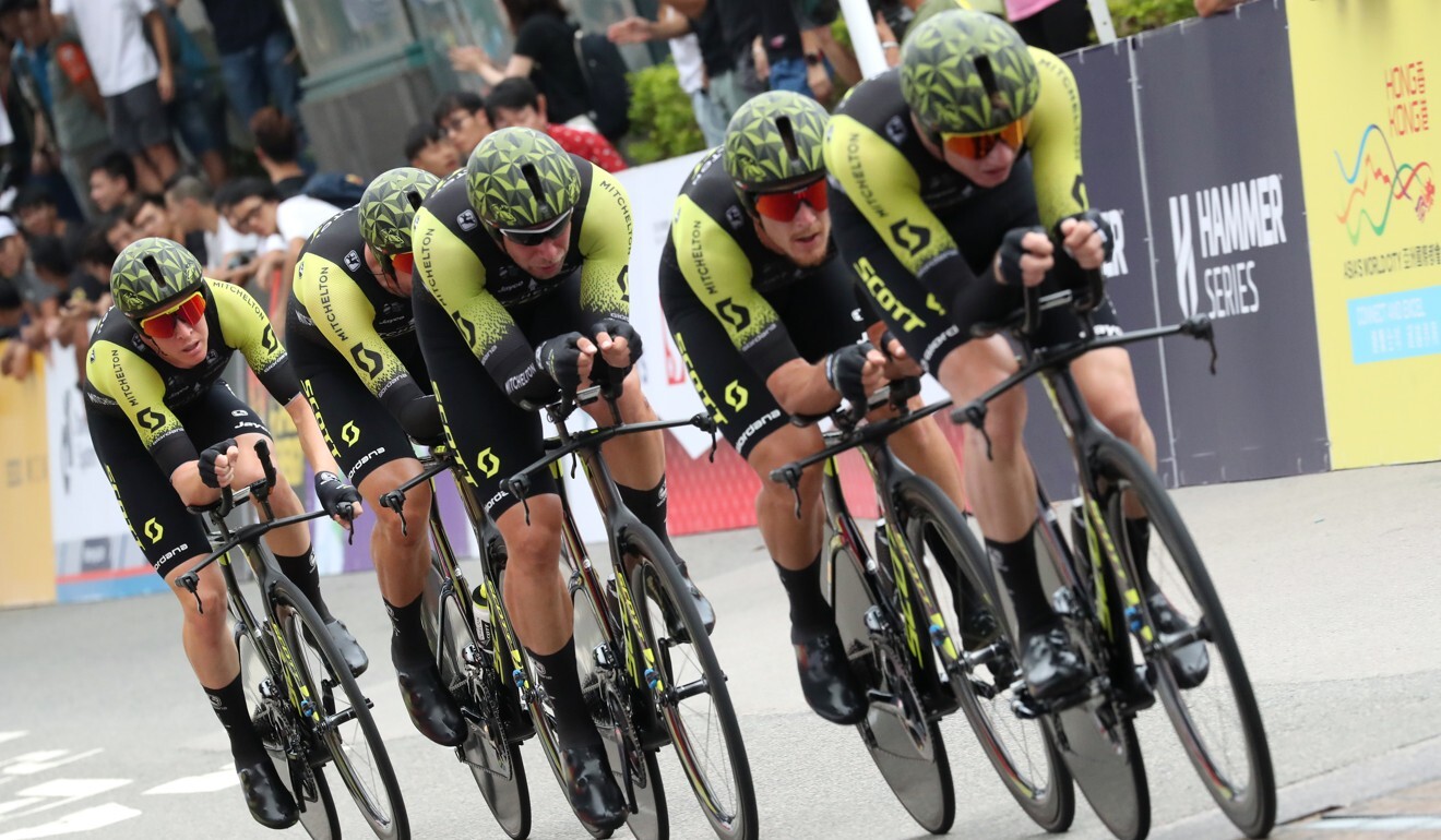 The Mitchelton-Scott team compete in the Hammer Series at the 2018 Hong Kong Cyclothon in Tsim Sha Tsui. Photo: K. Y. Cheng