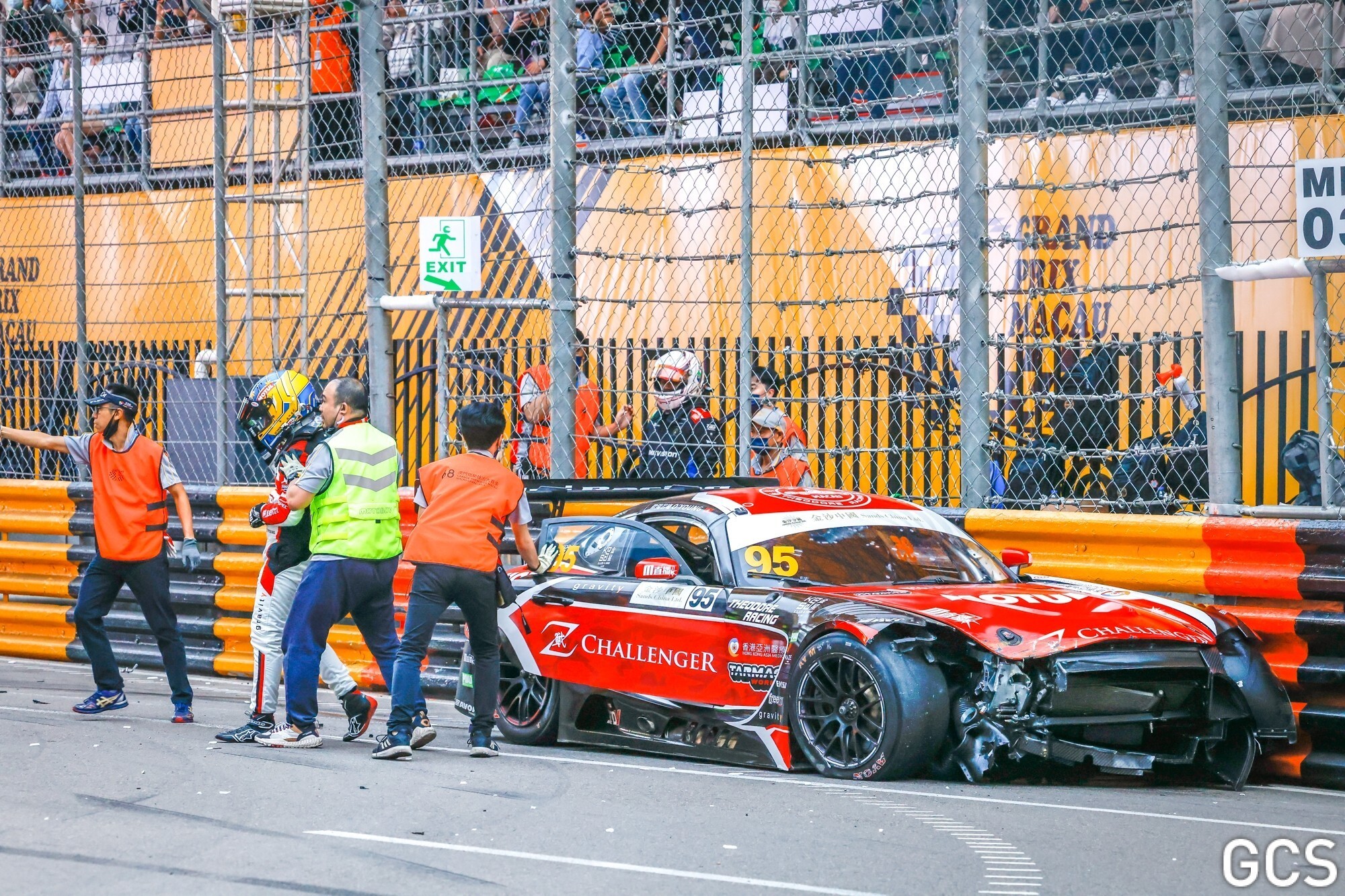Hong Kong driver Darryl O'Young is taken to the medical centre after he crashes at the Macau Grand Prix GT Cup round one event. Photo: Macau Grand Prix