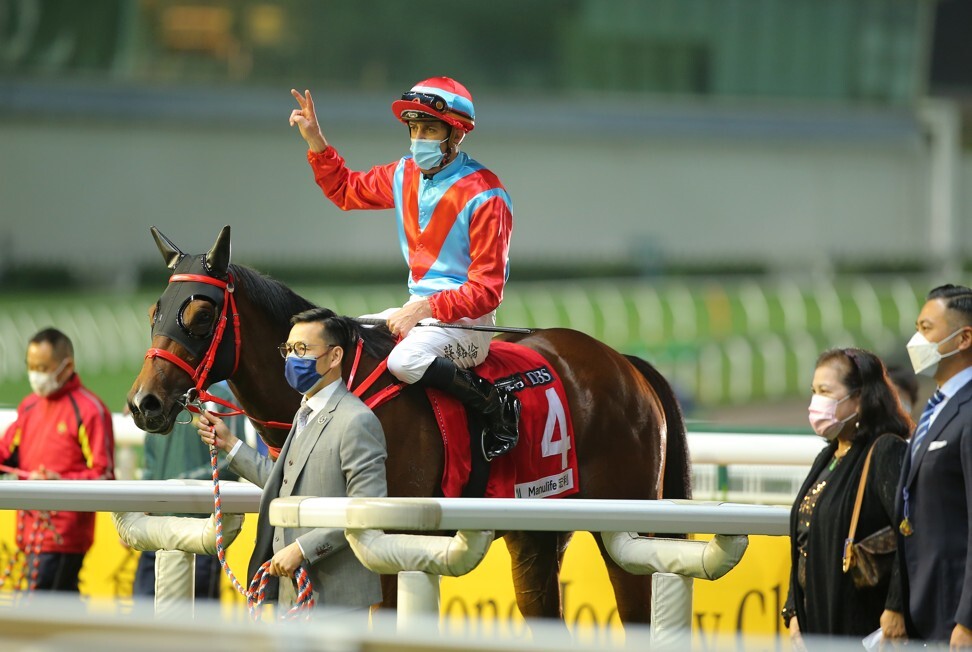 Christophe Soumillon celebrates a winner at Happy Valley in January.