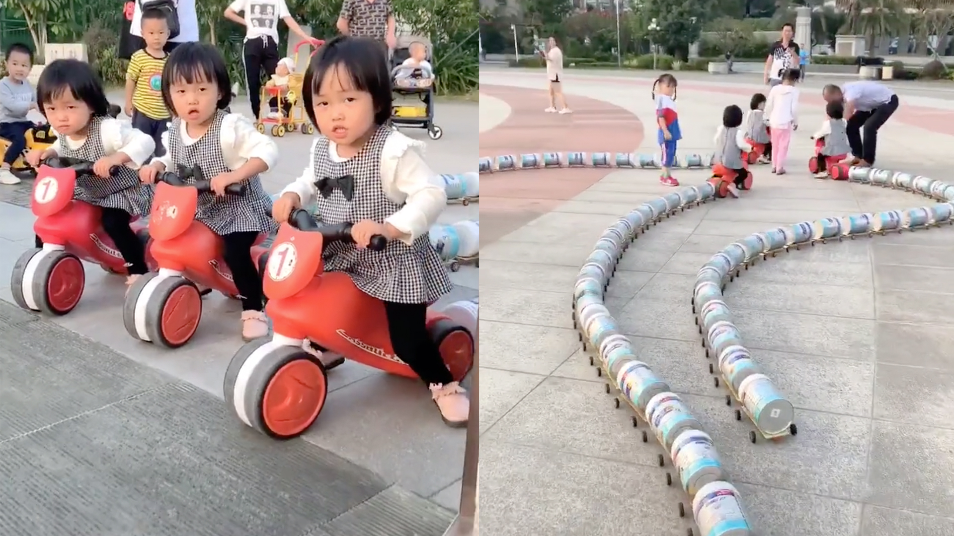 Father in China builds ‘train’ of empty milk-powder cans