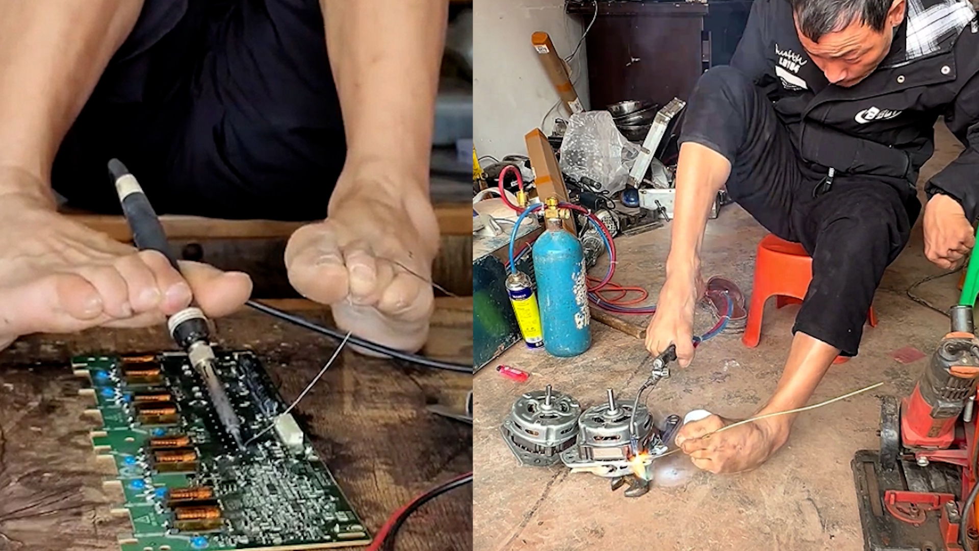 Man with disability in China repairs home appliances using his feet