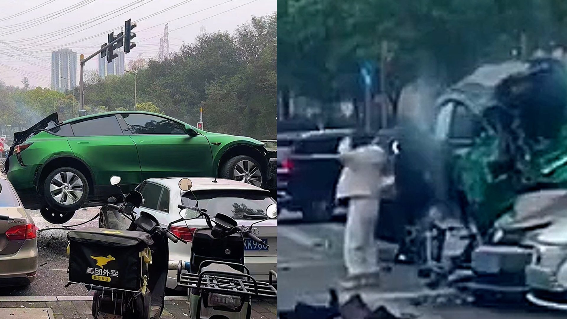 Chinese driver survives after her Tesla is sent flying, landing on parked cars