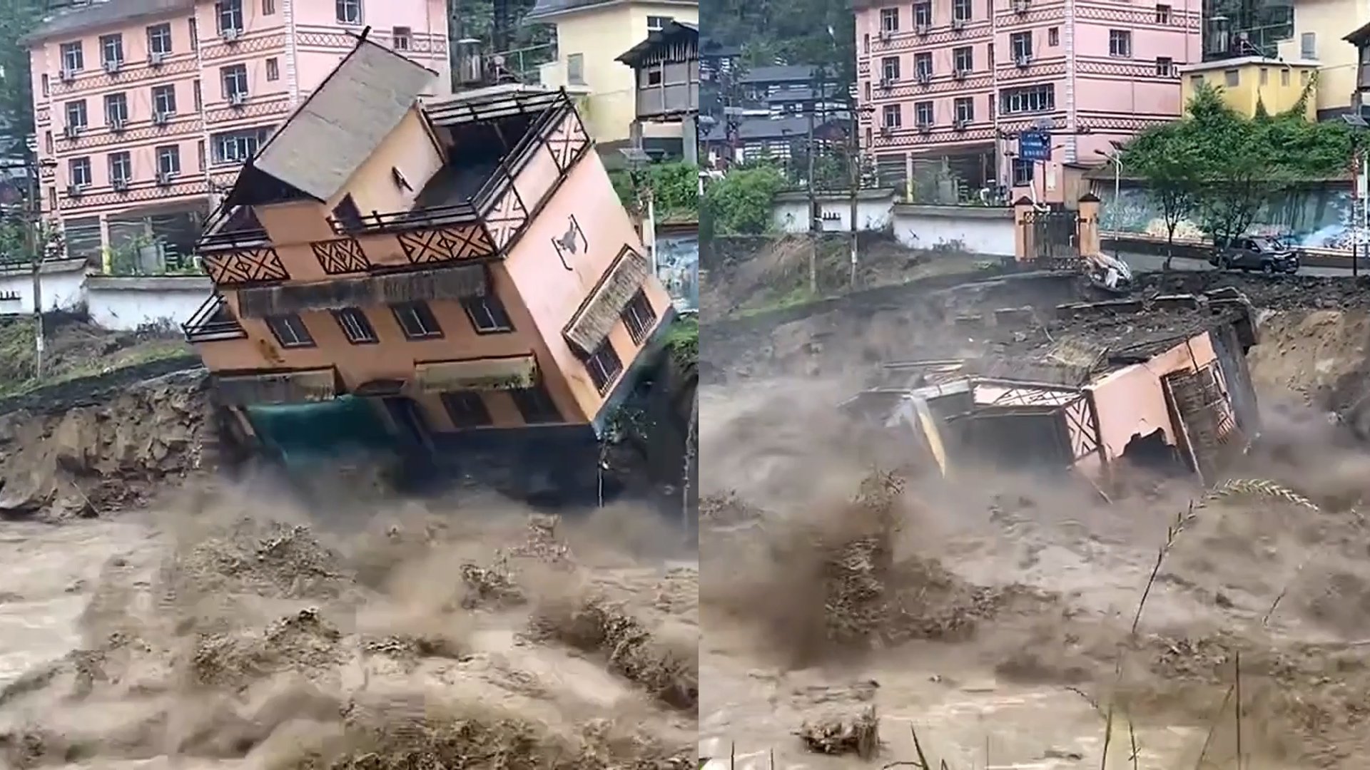 Riverside houses collapse after heavy rainfall hits southwestern China