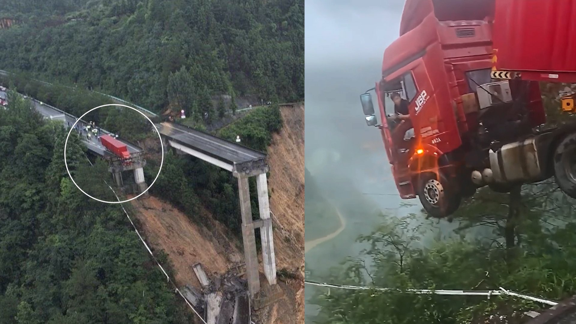 Truck driver trapped mid-air after bridge collapses amid floods in China