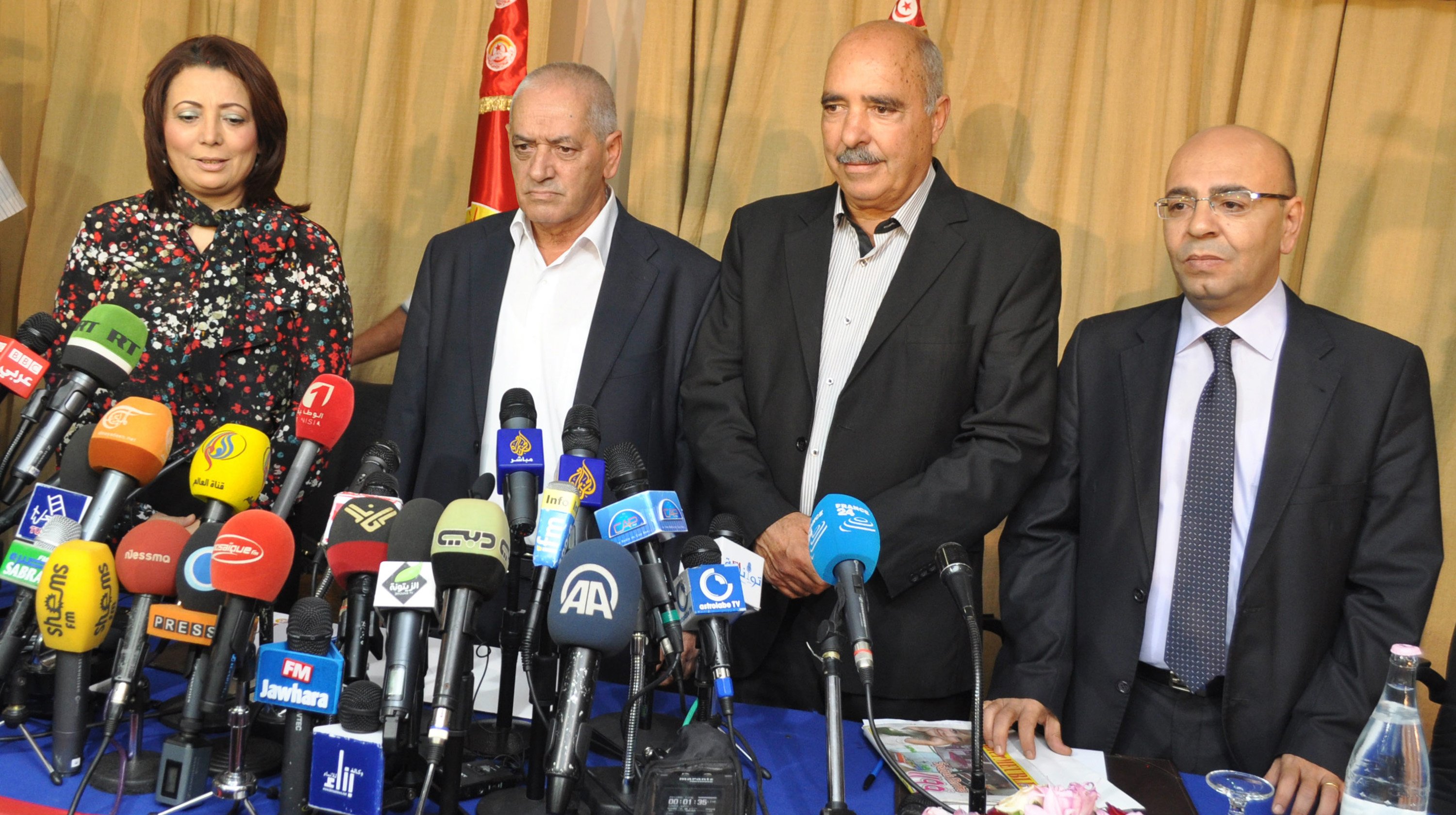 Representatives of the Tunisian National Dialogue Quartet attend a press conference on Nobel Peace Prize on Oct. 9, 2015 in Tunis, Tunisia. The Tunisian National Dialogue Quartet won the 2015 Nobel Peace Prize on Friday for "its decisive contribution to the building of a pluralistic democracy in Tunisia," the Norwegian Nobel Committee announced. (Adel Ezzine/Xinhua/Zuma Press/TNS)
