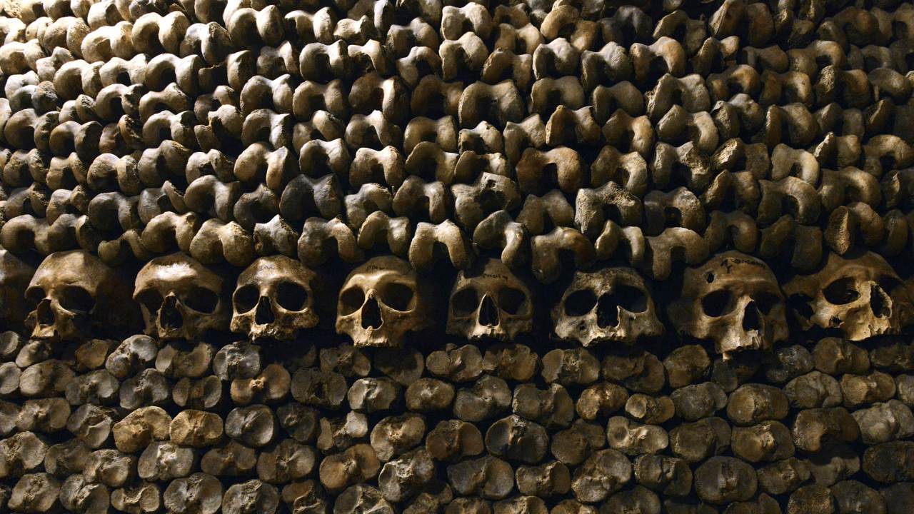 The Catacombs of Paris are lined with skulls and bones stacked and arranged. Photo: AFP