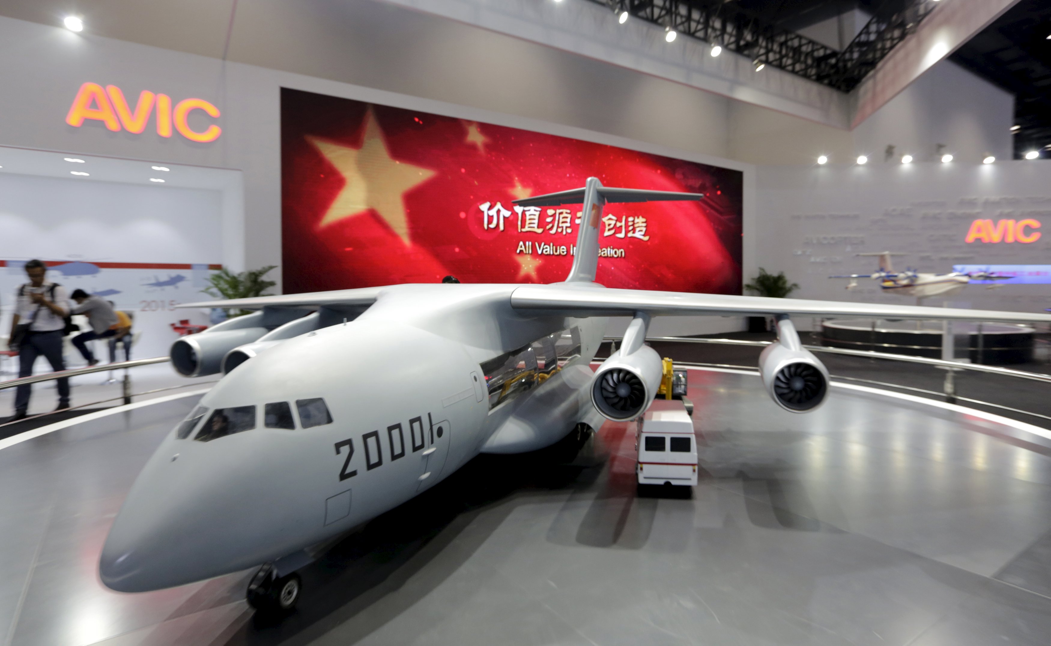 A model of Y-20 military transporter aircraft is displayed at Aviation Industry Corporation of China (AVIC)'s booth at the Aviation Expo China 2015, in Beijing, China, September 16, 2015. The four-day Aviation Expo China 2015 kicked off on Wednesday. According to local media, the expo is jointly organized by Aviation Industry Corporation of China (AVIC), Commercial Aircraft Corporation of China Ltd. (COMAC) and etc. Around 150 exhibitors from 16 countries were invited. REUTERS/Jason Lee