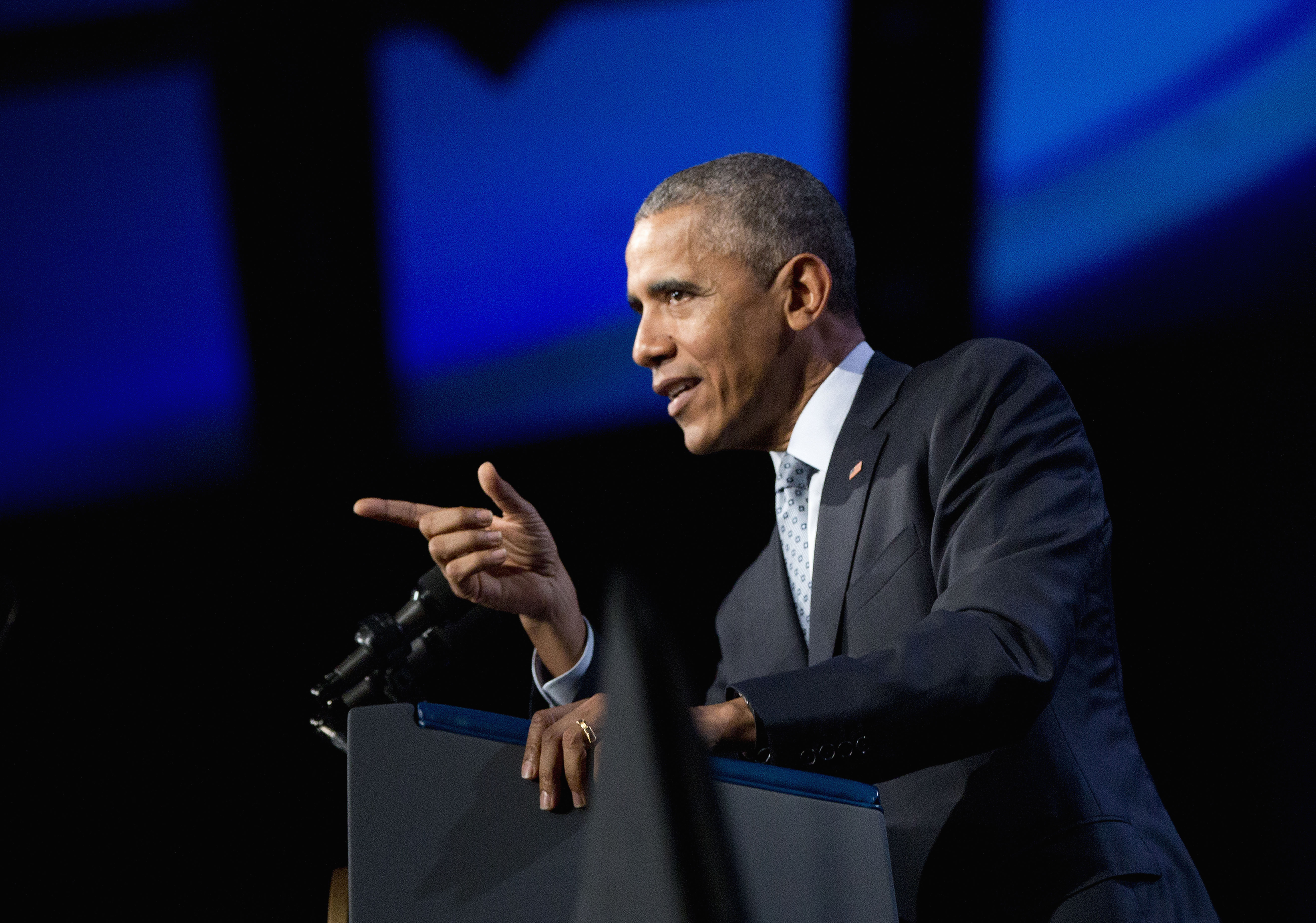 In this Oct. 27, 2015, photo, President Barack Obama speaks at the 122nd International Association of Chiefs of Police Annual Conference in Chicago. Even as Obama sent U.S. troops back to Iraq and ordered the military to stay in Afghanistan, he insisted Syria would remain off limits for American ground forces. Now the president has crossed his own red line. (AP Photo/Pablo Martinez Monsivais)