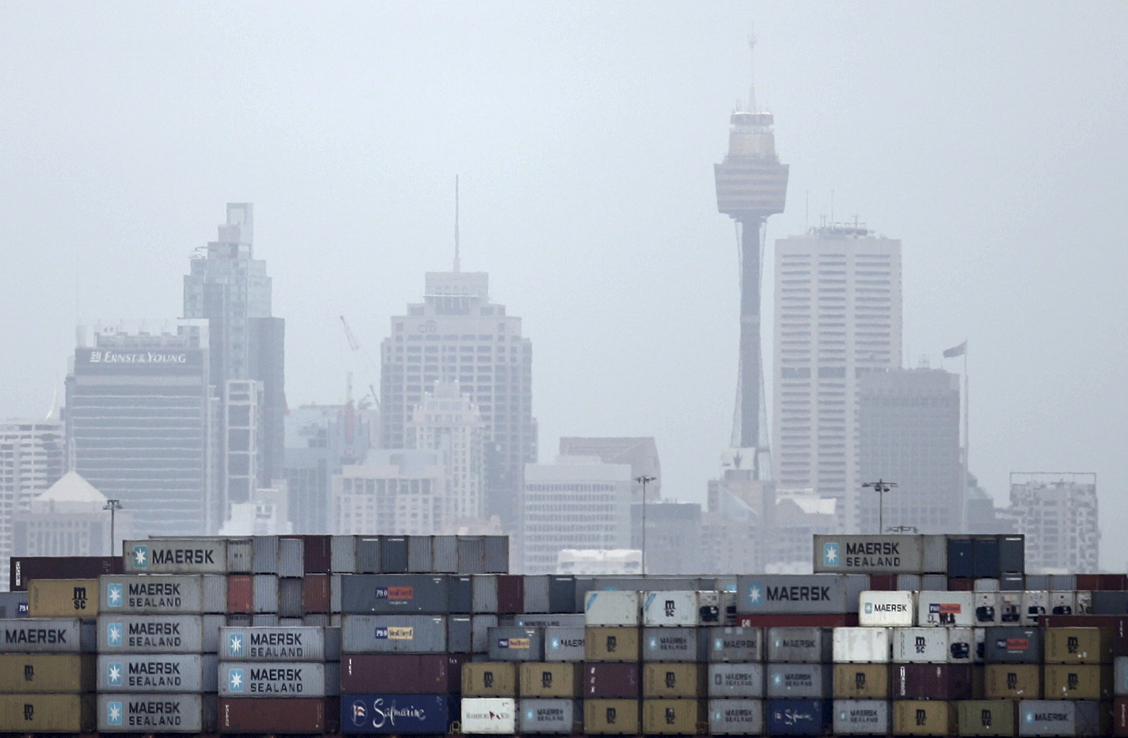 A container ship passes in front of the Sydney skyline as it departs from Port Botany terminal in this February 24, 2010 file photo. Australia is expected to release trade balance data this week. REUTERS/Tim Wimborne/Files GLOBAL BUSINESS WEEK AHEAD PACKAGE - SEARCH "BUSINESS WEEK AHEAD OCTOBER 5" FOR ALL 29 IMAGES
