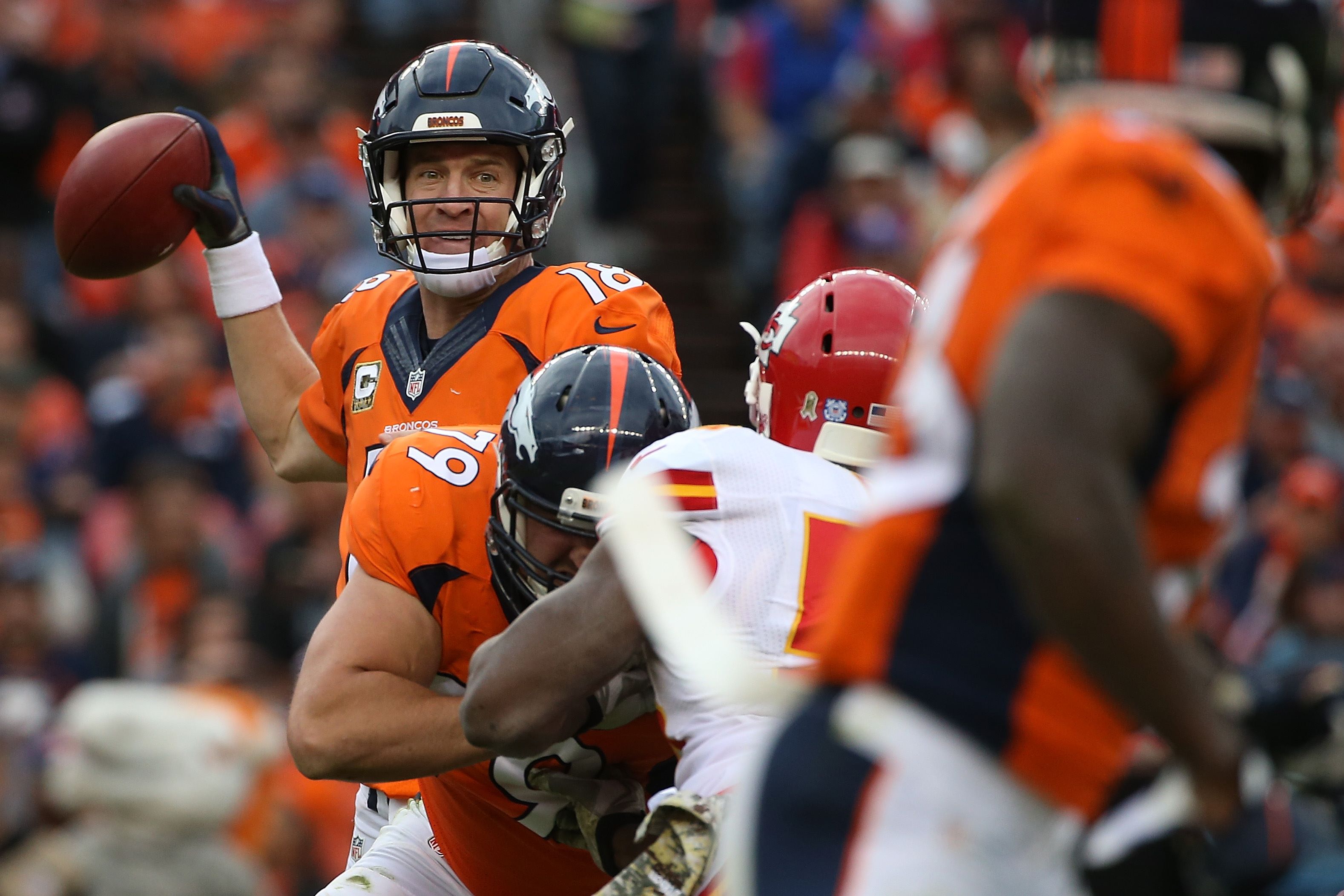 DENVER, CO - NOVEMBER 15: Quarterback Peyton Manning #18 of the Denver Broncos delivers a pass against the Kansas City Chiefs at Sports Authority Field at Mile High on November 15, 2015 in Denver, Colorado. The Chiefs defeated the Broncos 29-13. Doug Pensinger/Getty Images/AFP == FOR NEWSPAPERS, INTERNET, TELCOS & TELEVISION USE ONLY ==