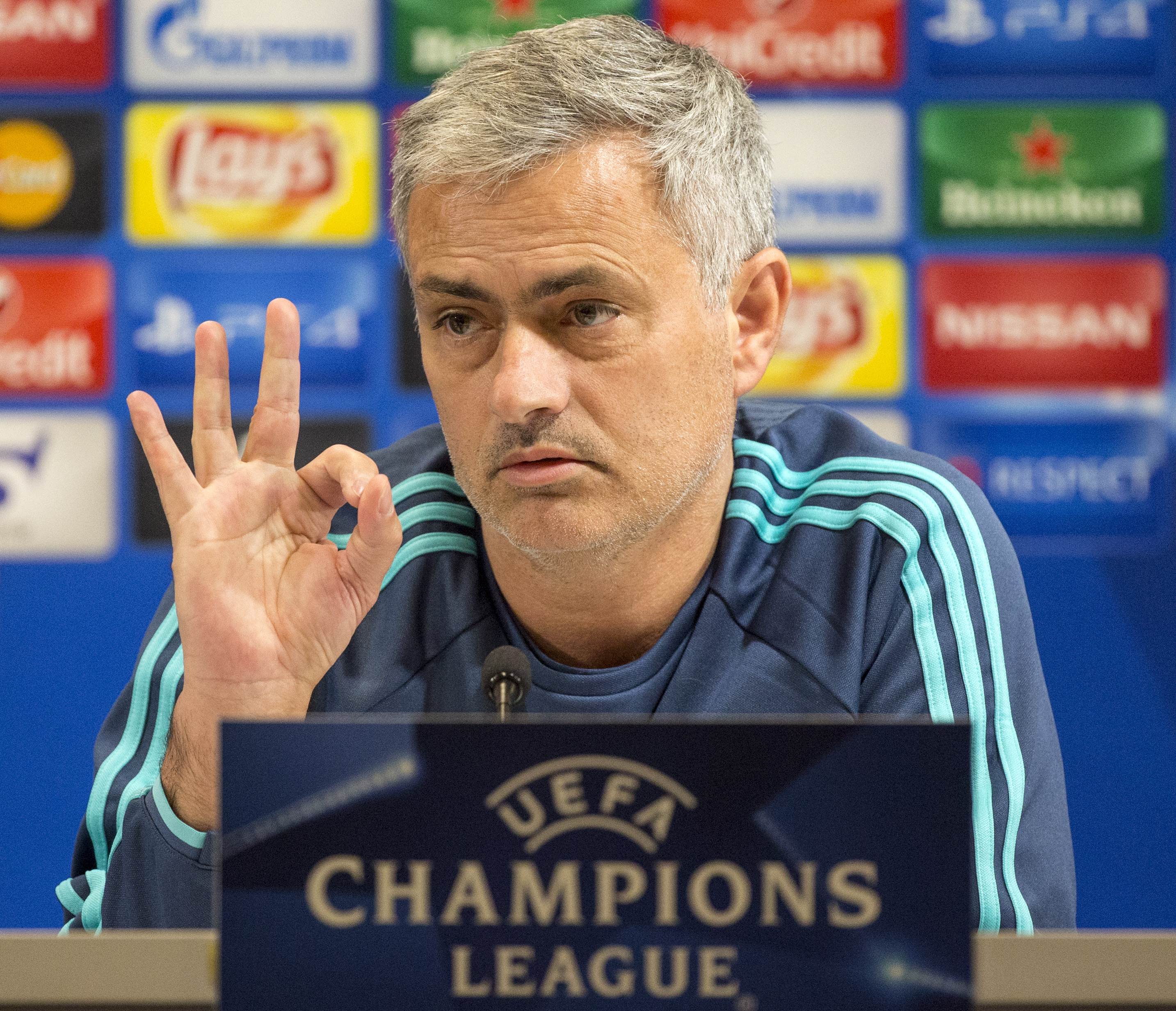 Chelsea's Portuguese Head Coach Jose Mourinho gestures during a press conference at the Sammy Ofer Stadium in the Israeli coastal city of Haifa on November 23, 2015, on the eve of their UEFA Champions League group G match against Maccabi Tel Aviv. AFP PHOTO / JACK GUEZ