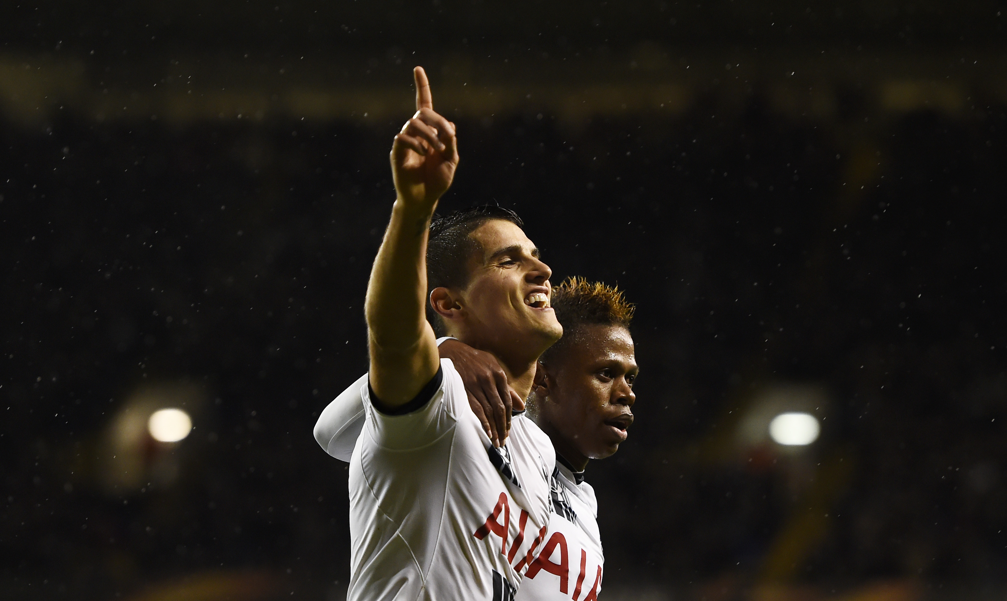 Football Soccer - Tottenham Hotspur v AS Monaco - UEFA Europa League Group Stage - Group J - White Hart Lane, London, England - 10/12/15 Tottenham's Erik Lamela celebrates scoring their third goal and completing his hat-trick with Clinton Njie Reuters / Dylan Martinez Livepic EDITORIAL USE ONLY.