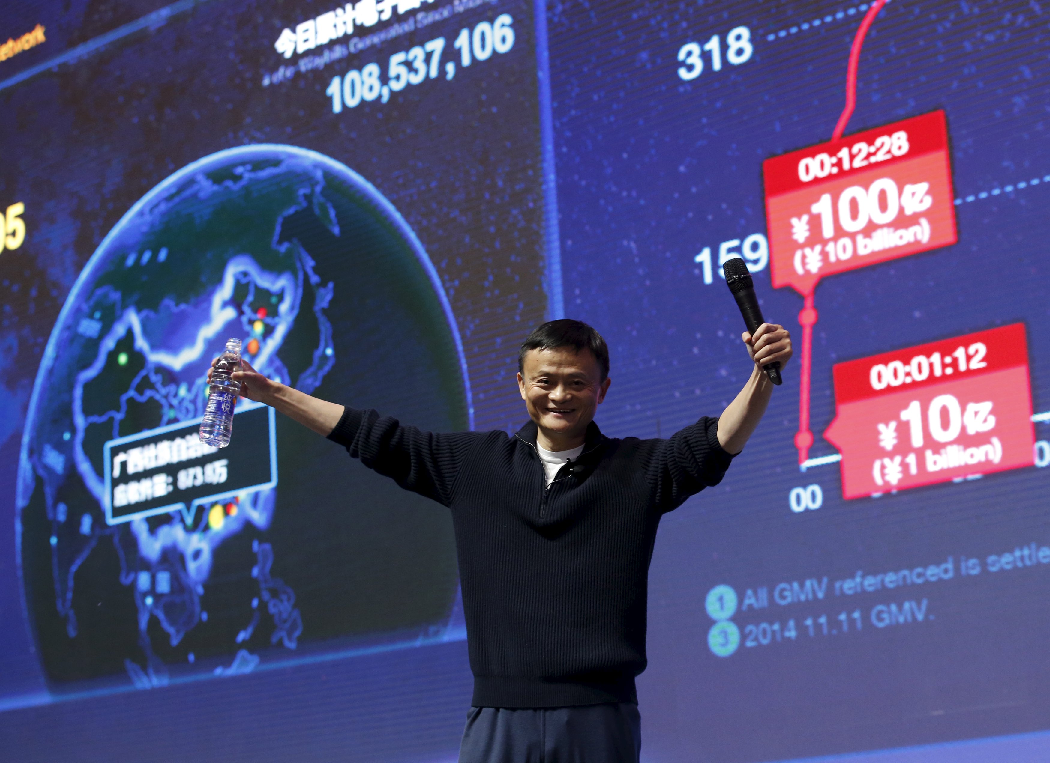 Alibaba founder and chairman Jack Ma gestures in front of a screen showing real-time data of transactions at Alibaba Group's 11.11 Global shopping festival in Beijing, China, November 11, 2015. Chinese e-commerce giant Alibaba Group Holdings Ltd said on Wednesday the value of merchandise it has sold so far during the Singles' Day online shopping extravaganza had surpassed last year's total of $9.3 billion. REUTERS/Kim Kyung-Hoon
