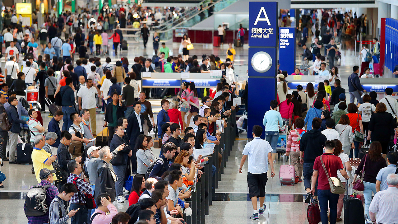 Arrival hall at the Hong Kong International Airport located in Chek Lap Kok. 15APR15