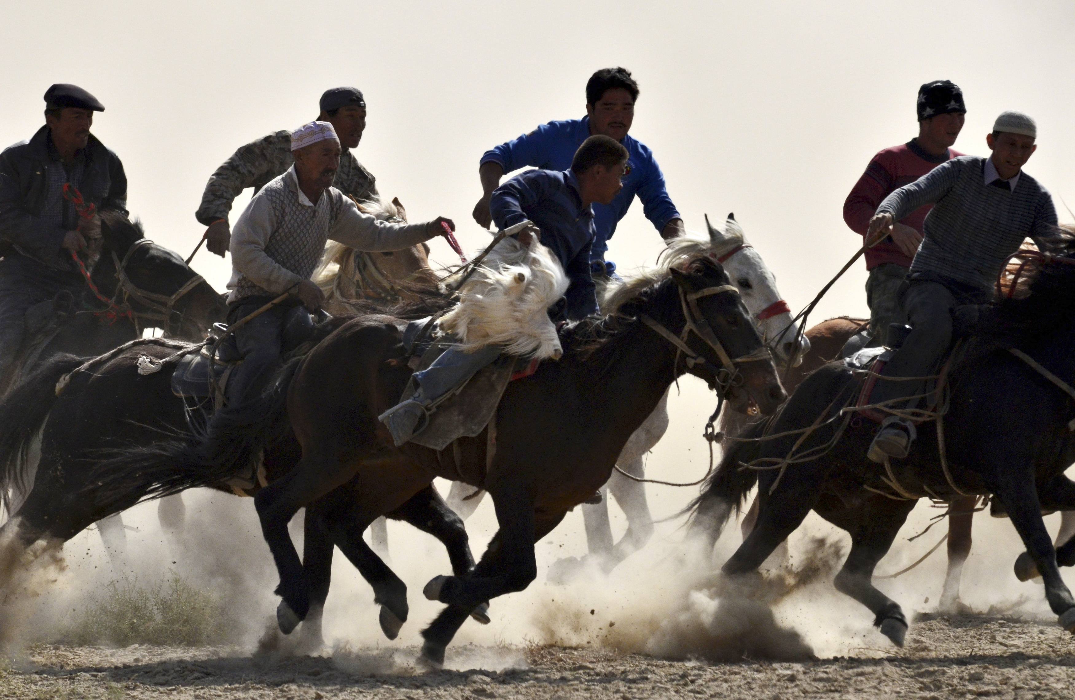 Participants ride horses as they fight for a slaughtered goat during a Buzkashi event in Yuli county, Xinjiang Uighur Autonomous Region, October 19, 2013. Buzkashi is a traditional central Asian sport played between two teams of horsemen competing to throw a beheaded goat into a scoring circle. Picture taken October 19, 2013. REUTERS/China Daily (CHINA - Tags: SOCIETY ANIMALS) CHINA OUT. NO COMMERCIAL OR EDITORIAL SALES IN CHINA