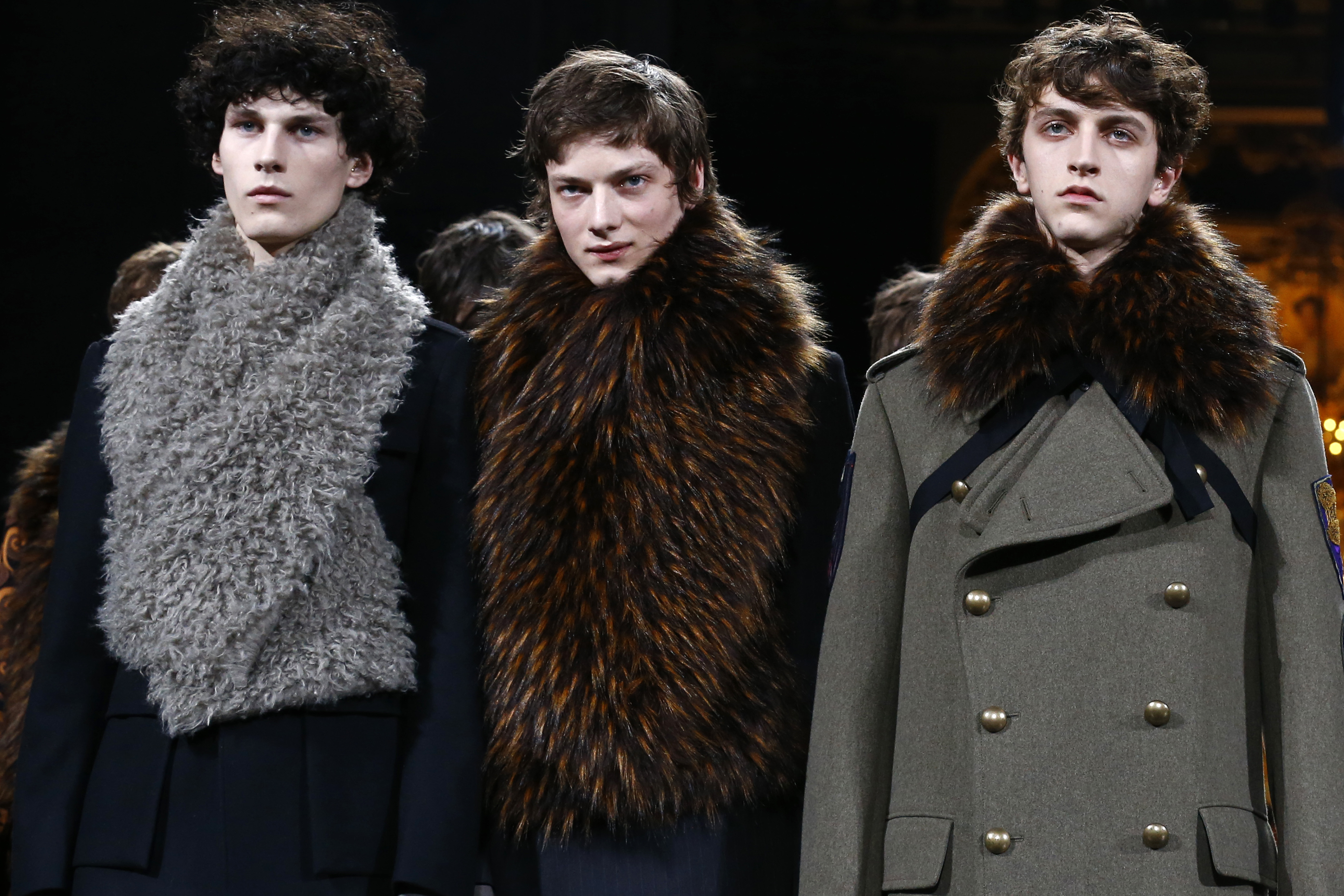 Models wear creations for Dries Van Noten during his men's Fall-Winter 2016/2017 fashion collection presented in Paris, France, Thursday, Jan. 21, 2016. (AP Photo/Francois Mori)