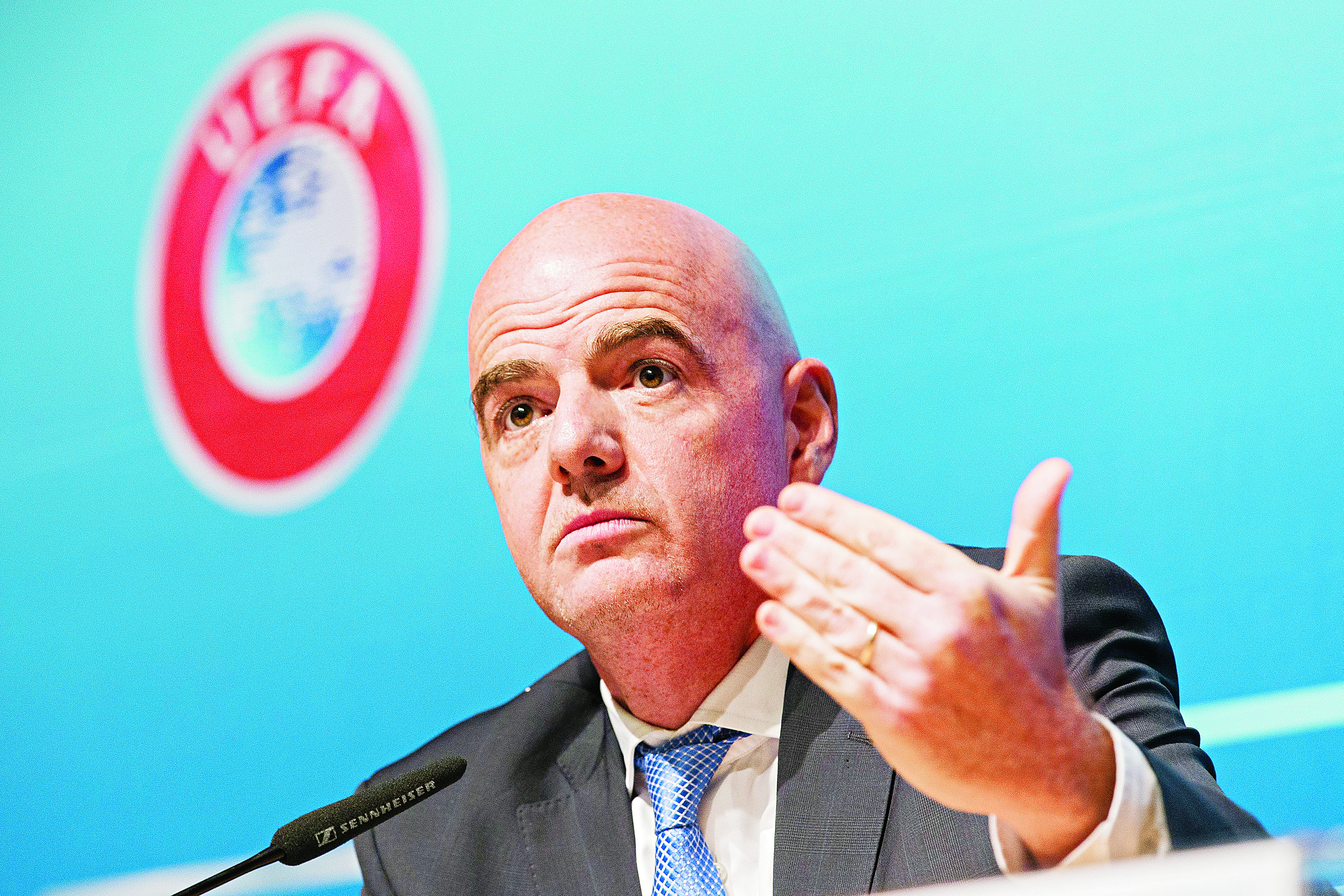 epa05118837 UEFA General Secretary and FIFA president candidate Gianni Infantino speaks during a press conference at the UEFA Headquarters in Nyon, Switzerland, 22 January 2016. The UEFA Executive Committee endorses unanimously Gianni Infantino for the FIFA presidency. EPA/CYRIL ZINGARO