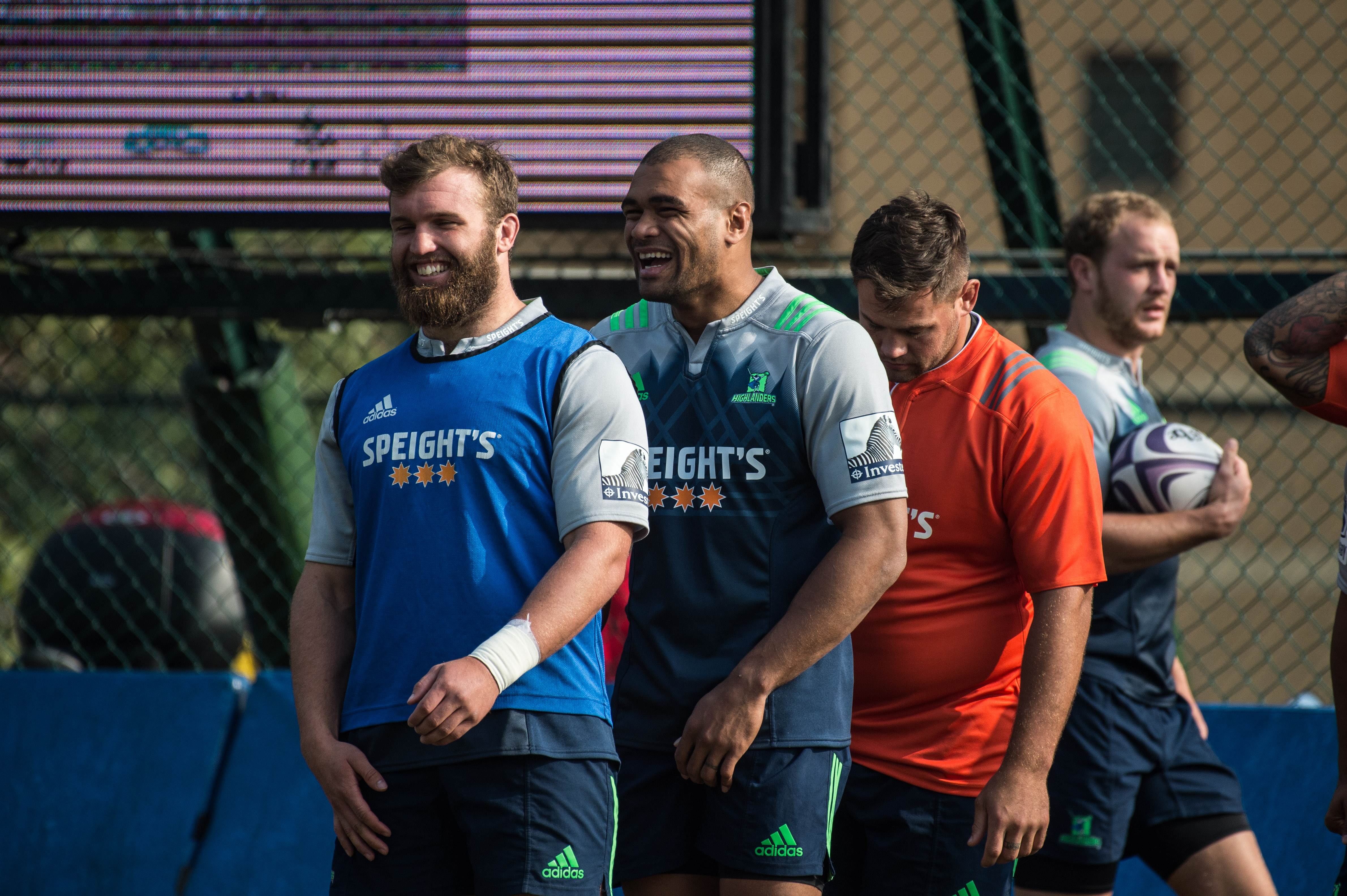 Highlanders players are all smiles, despite a high-intensity workout ahead of their Natixis Cup clash against French side Racing 92. Photo: AFP