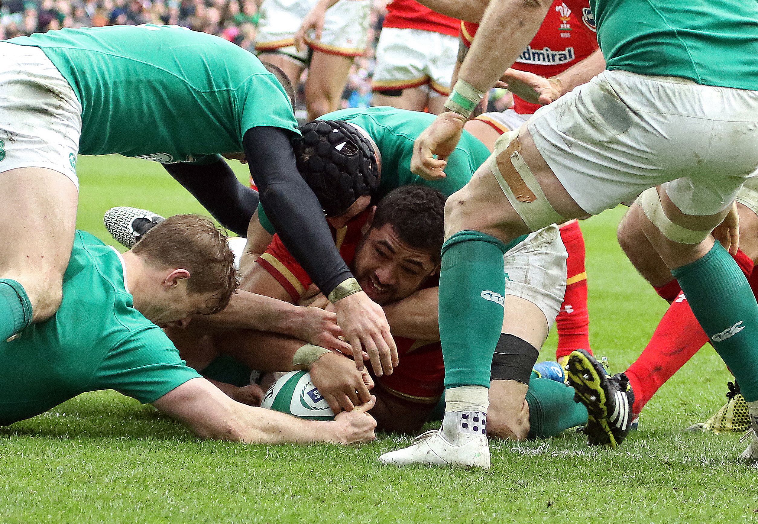 Wales number eight Taulupe Faletau finds a way through the Irish defence to score at Aviva Stadium in Dublin. Photo: AFP