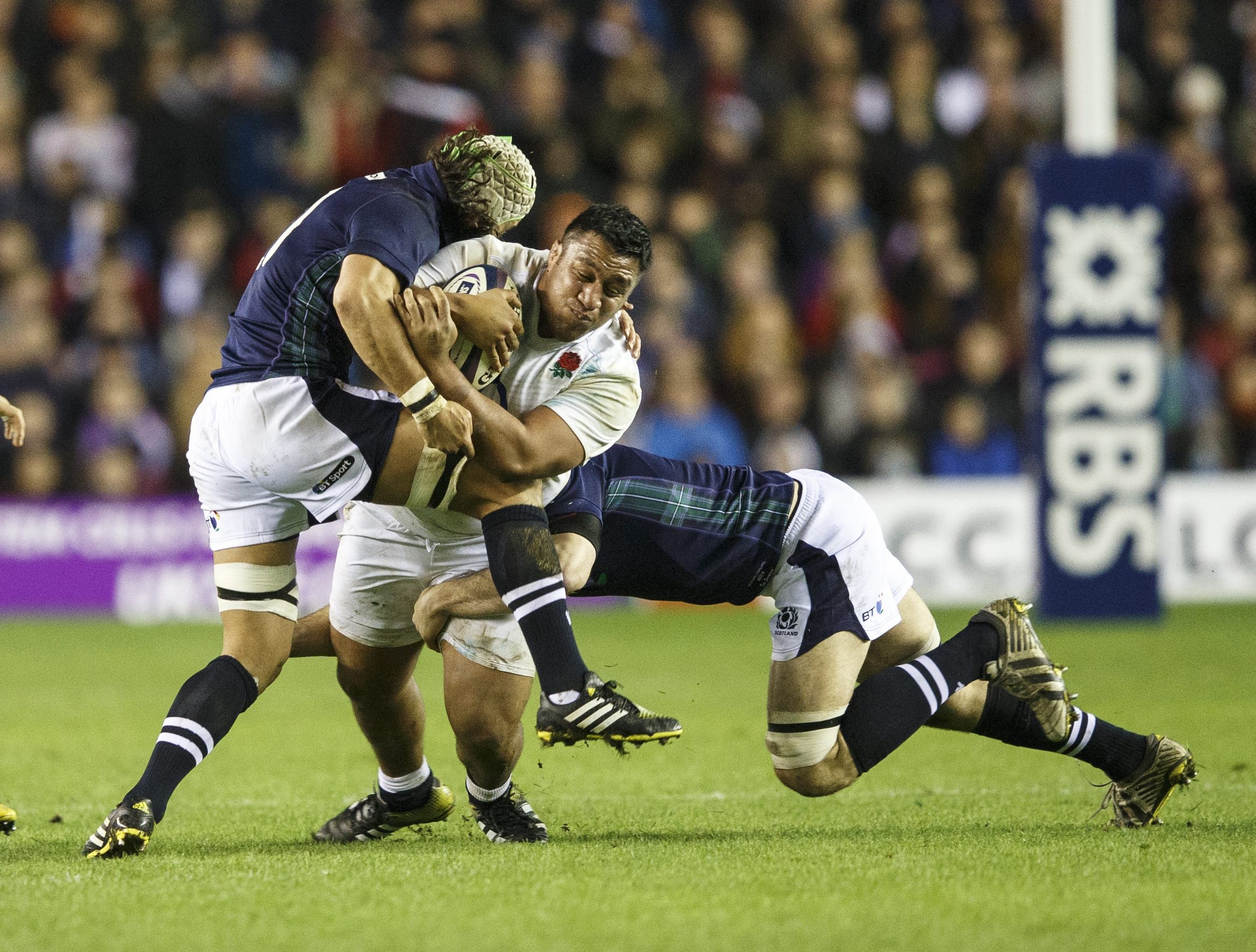 England's Billy Vunipola proves a handful for the Scotland defence during the 15-9 victory at Murrayfield. Photo: EPA