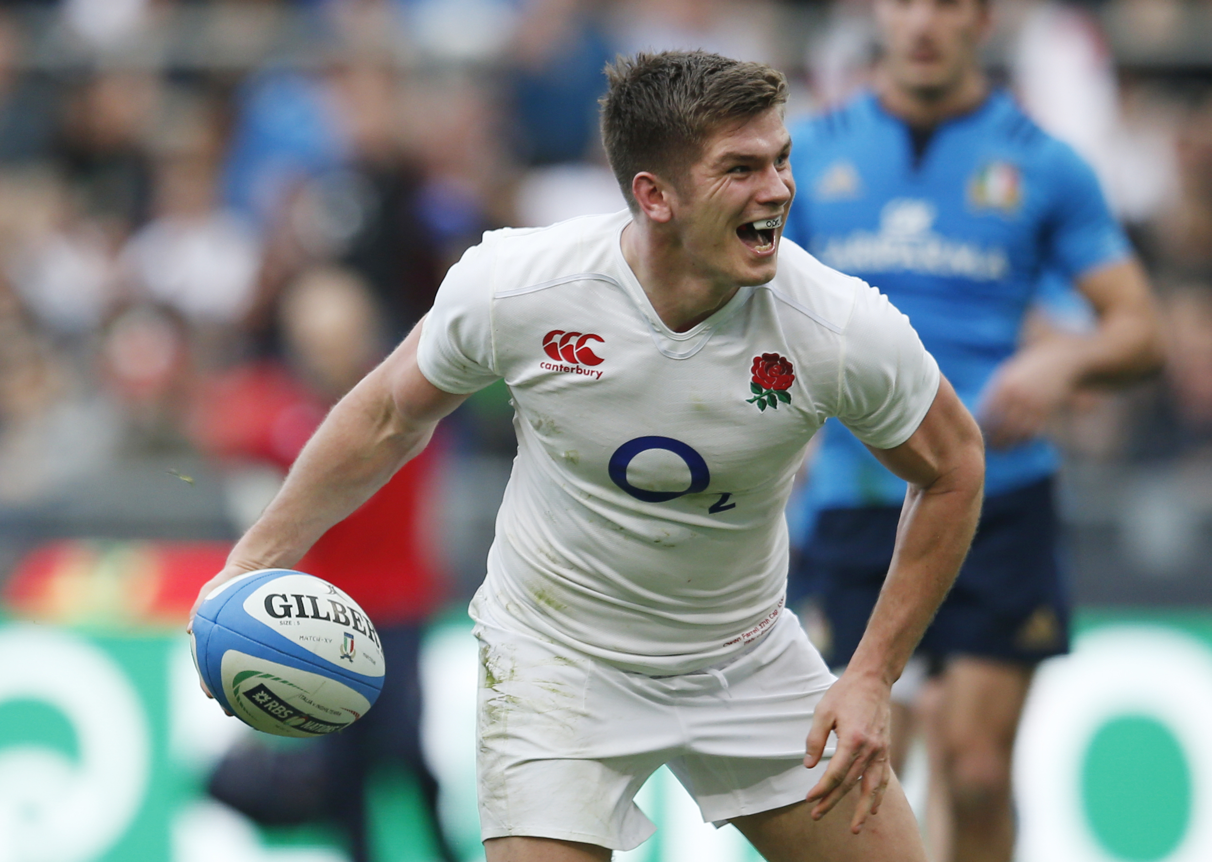 Owen Farrell celebrates after scoring the fifth try for England in their 40-9 Six Nations rout of Italy in Rome. Photo: Reuters