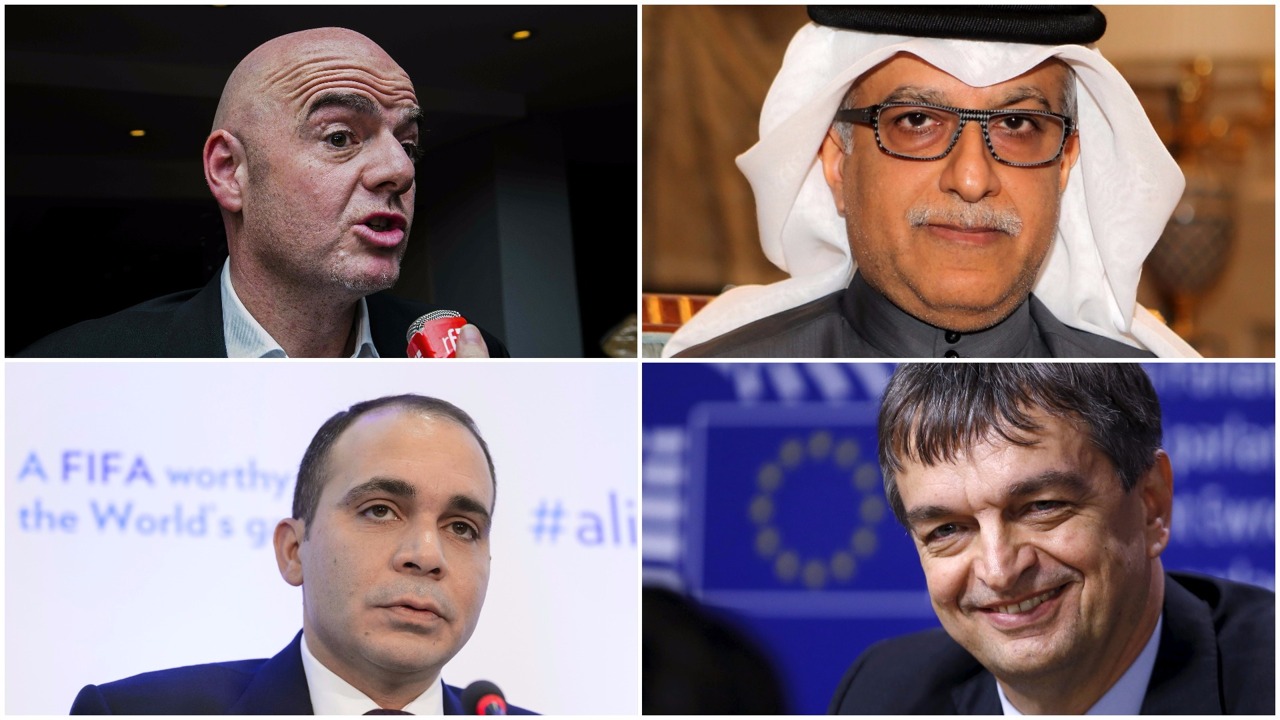 Presidential candidates (clockwise) Gianni Infantino, Sheikh Salman, Jerome Champagne and Prince Ali