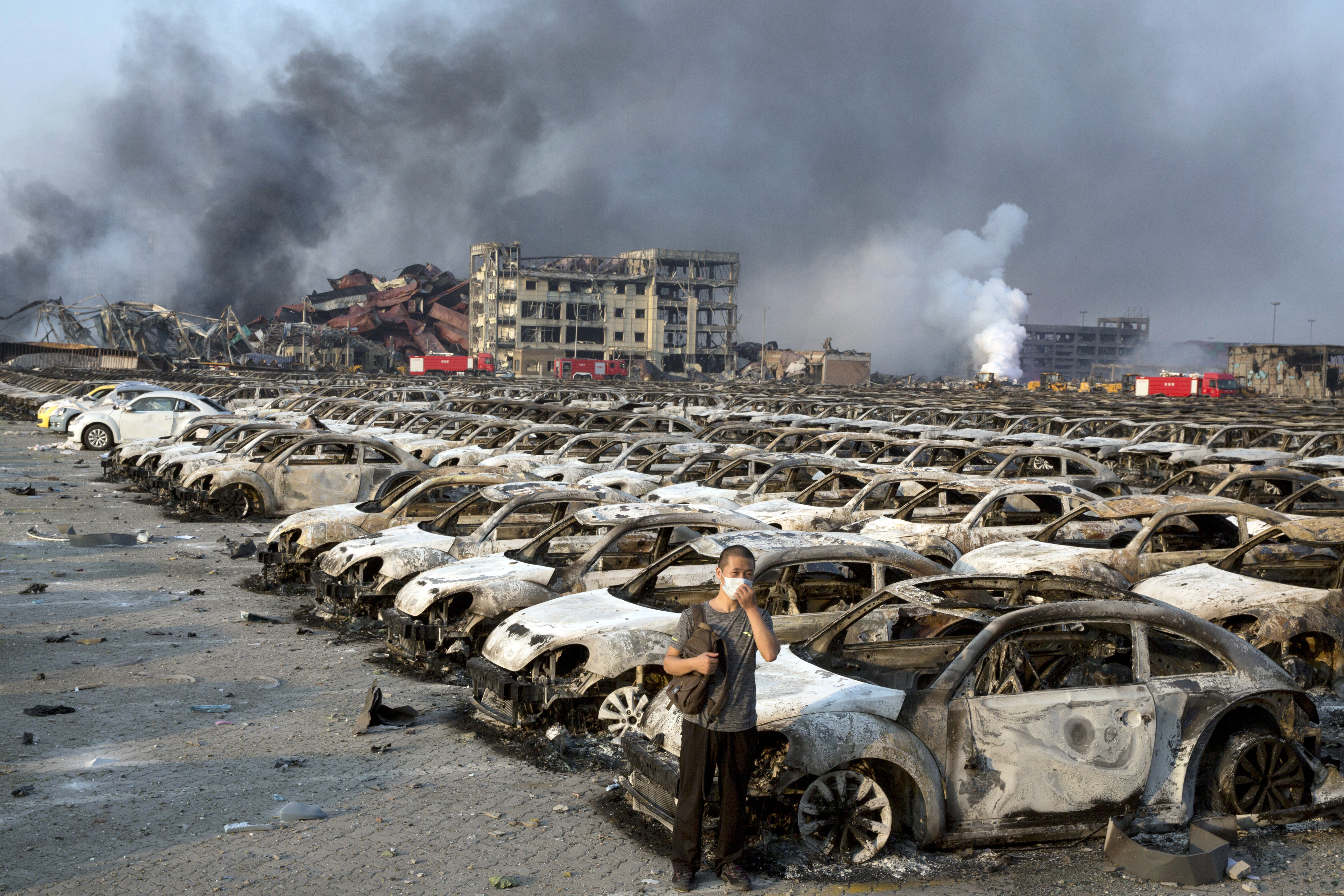 Hundreds of cars burned during the explosions in Tianjin. Photo: AP