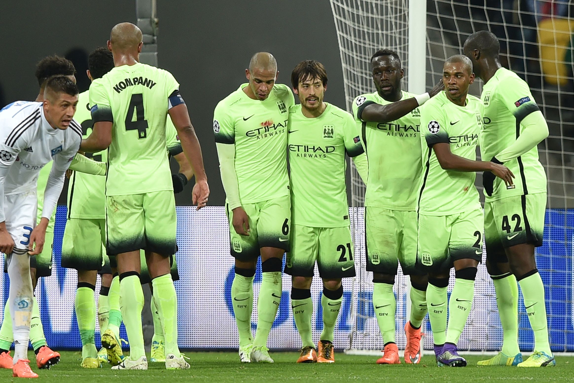 Manchester City players celebrate after Spanish midfielder David Silva scores against Dynamo Kiev. Citizens captain Vincent Kompany was pleased with his team’s performance. Photo: AFP