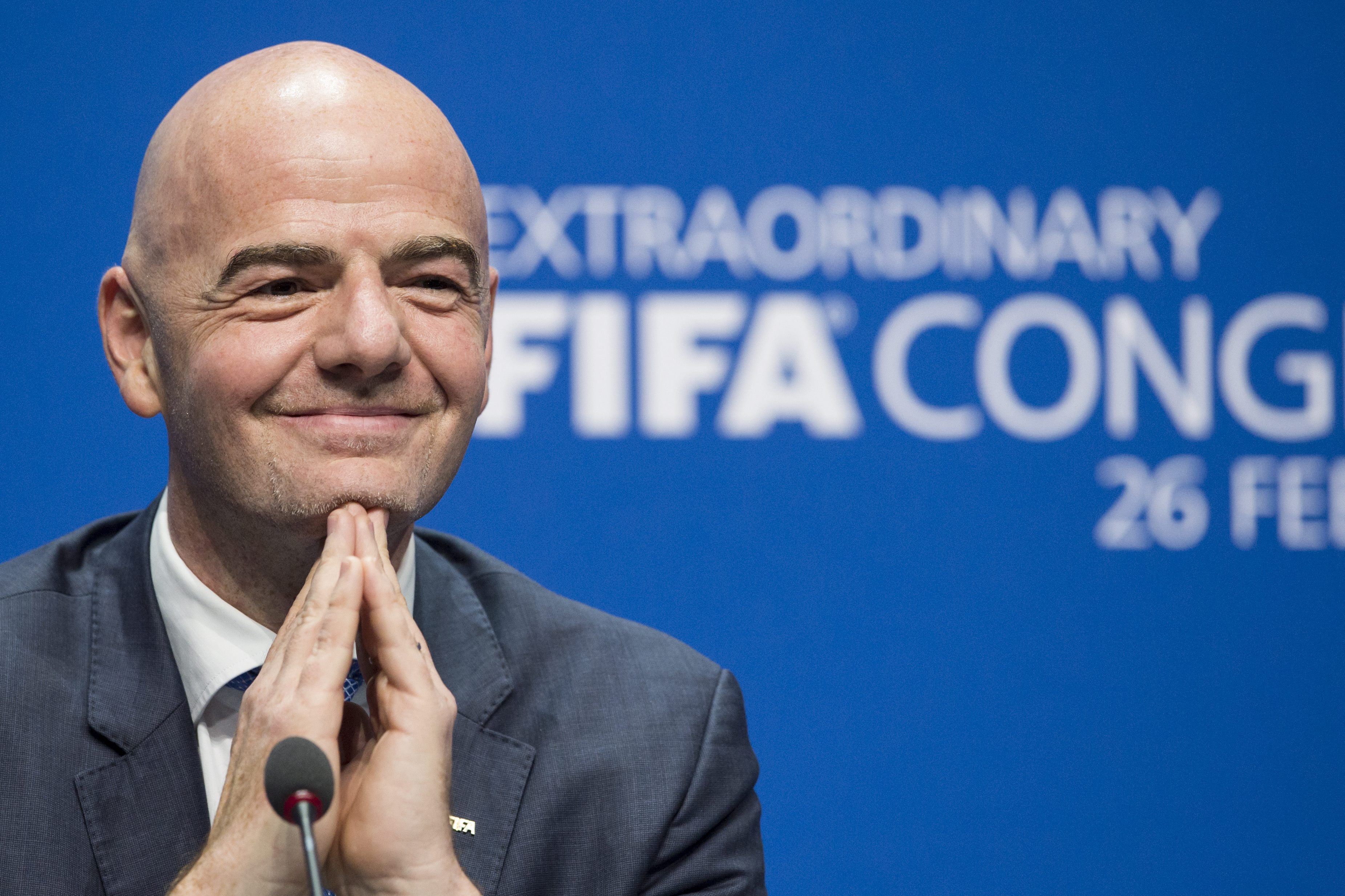 Gianni Infantino of Switzerland is shown during a press conference after being elected the new Fifa president during the Extraordinary Fifa Congress 2016 at the Hallenstadion in Zurich, Switzerland on Friday. Photo: EPA